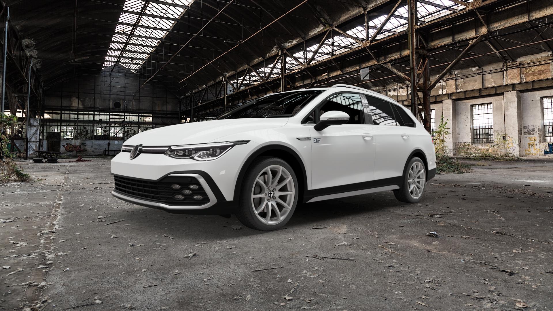 TOMASON TN1 bright silver Felge mit Reifen silber in 18Zoll Winterfelge Alufelge auf weissem Volkswagen (VW) Golf 8 Variant Alltrack 2,0l TDI 4Motion 147kW (200 PS) ⬇️ mit 15mm Tieferlegung ⬇️ Old Industrial Hall_max5000mm_2022 Frontansicht_1