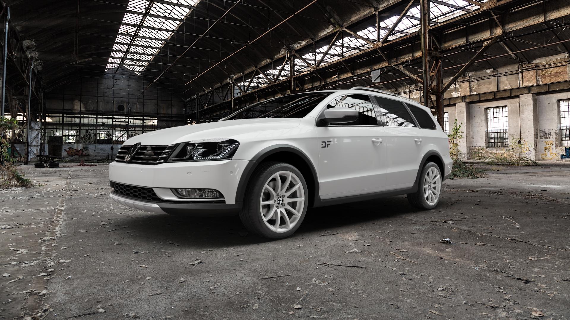 TOMASON TN1 bright silver Felge mit Reifen silber in 18Zoll Winterfelge Alufelge auf weissem Volkswagen (VW) Passat 3C/B7 Alltrack ⬇️ mit 15mm Tieferlegung ⬇️ Old Industrial Hall_max5000mm_2022 Frontansicht_1