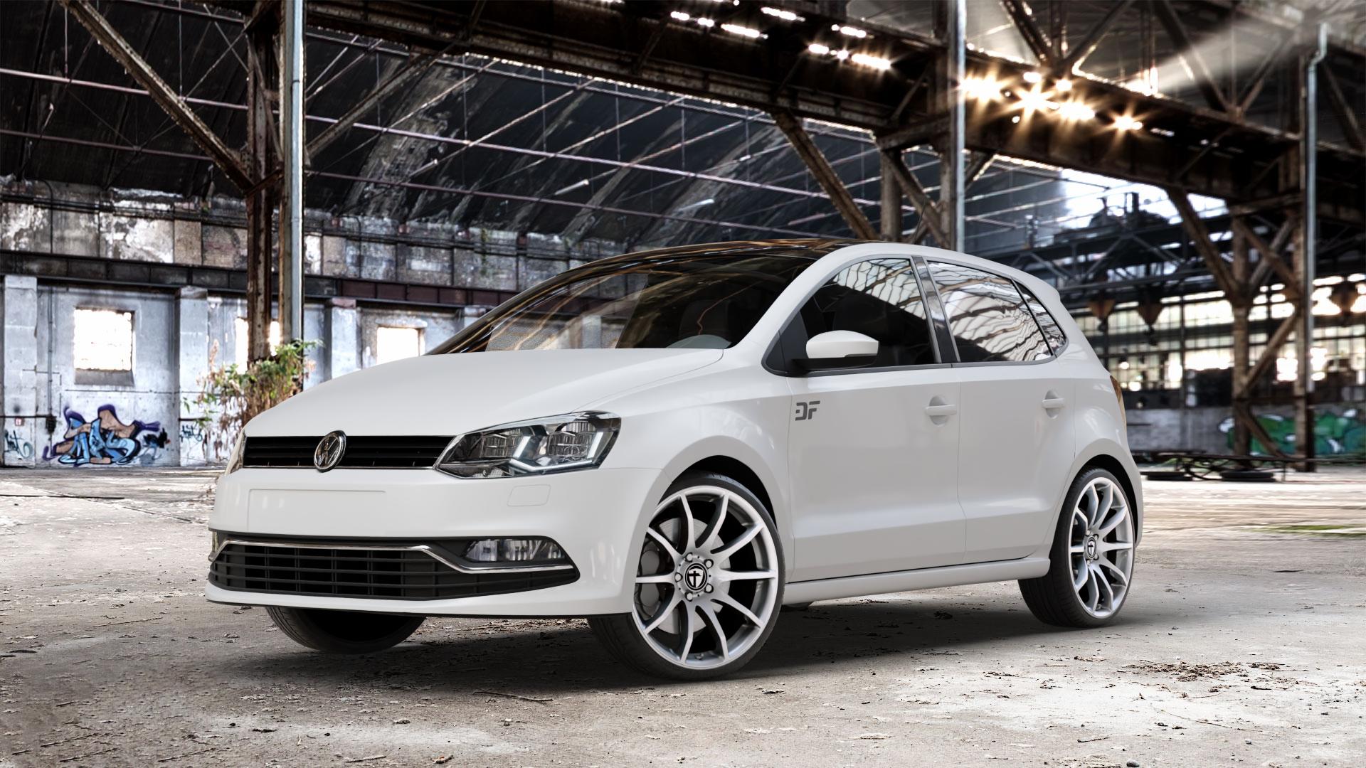 TOMASON TN1 bright silver Felge mit Reifen silber in 18Zoll Winterfelge Alufelge auf weissem Volkswagen (VW) Polo V Typ 6C ⬇️ mit 15mm Tieferlegung ⬇️ Old Industrial Hall_max_4400mm_2024 Frontansicht_1