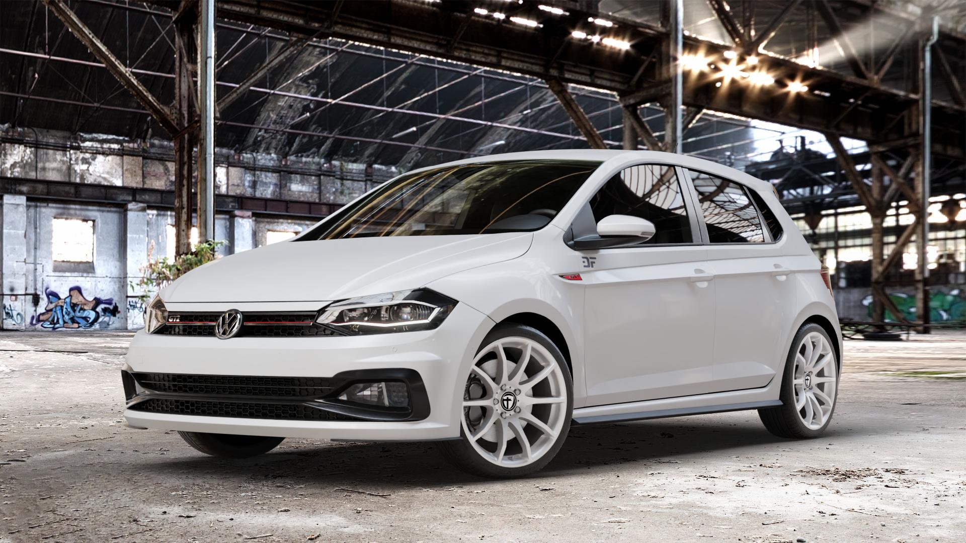 TOMASON TN1 bright silver Felge mit Reifen silber in 18Zoll Winterfelge Alufelge auf weissem Volkswagen (VW) Polo VI Typ AW 2,0l GTI 147kW (200 PS) ⬇️ mit 15mm Tieferlegung ⬇️ Old Industrial Hall_max_4400mm_2024 Frontansicht_1