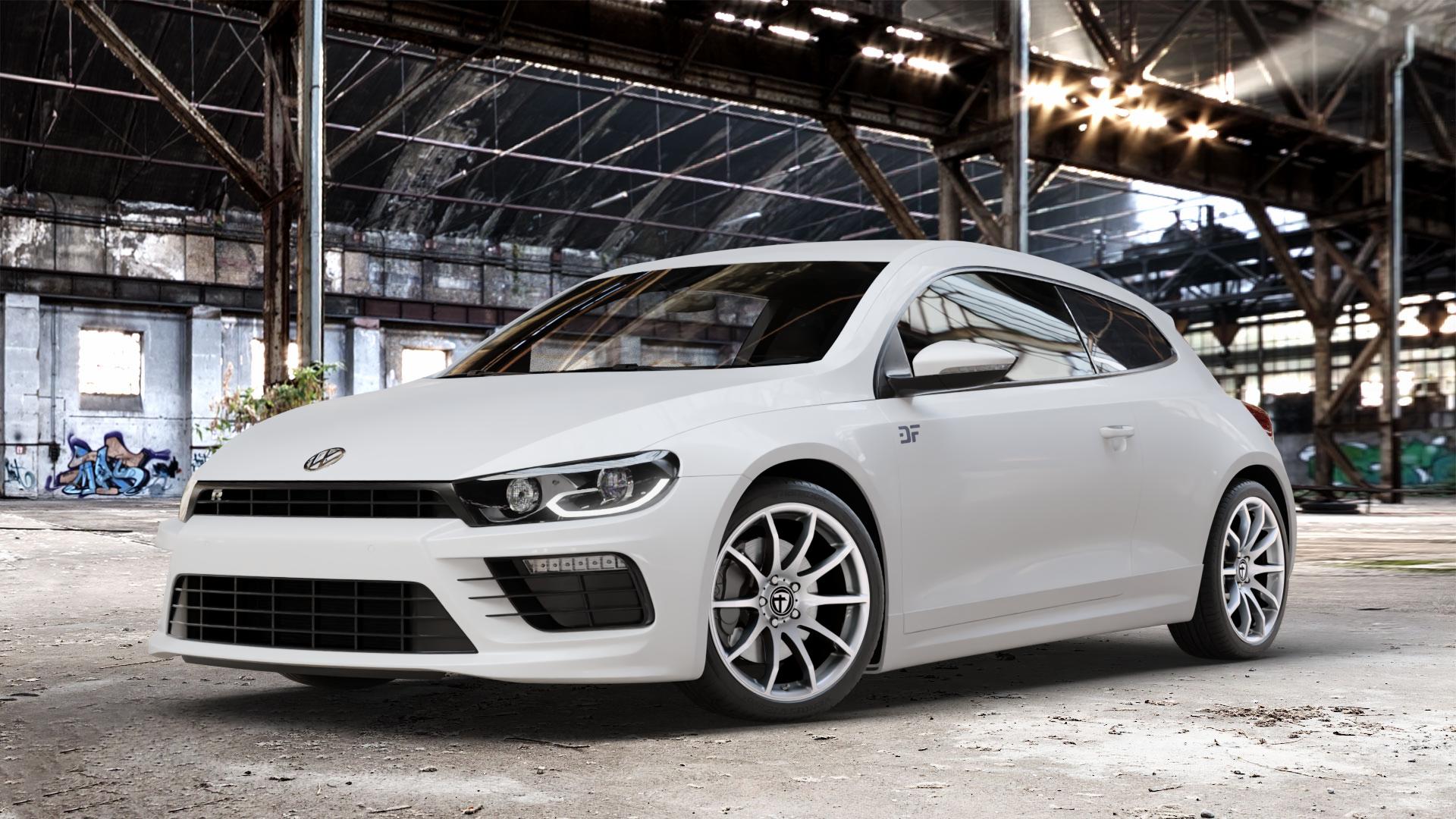 TOMASON TN1 bright silver Felge mit Reifen silber in 18Zoll Winterfelge Alufelge auf weissem Volkswagen (VW) Scirocco III Typ 13 Facelift ⬇️ mit 15mm Tieferlegung ⬇️ Old Industrial Hall_max_4400mm_2024 Frontansicht_1