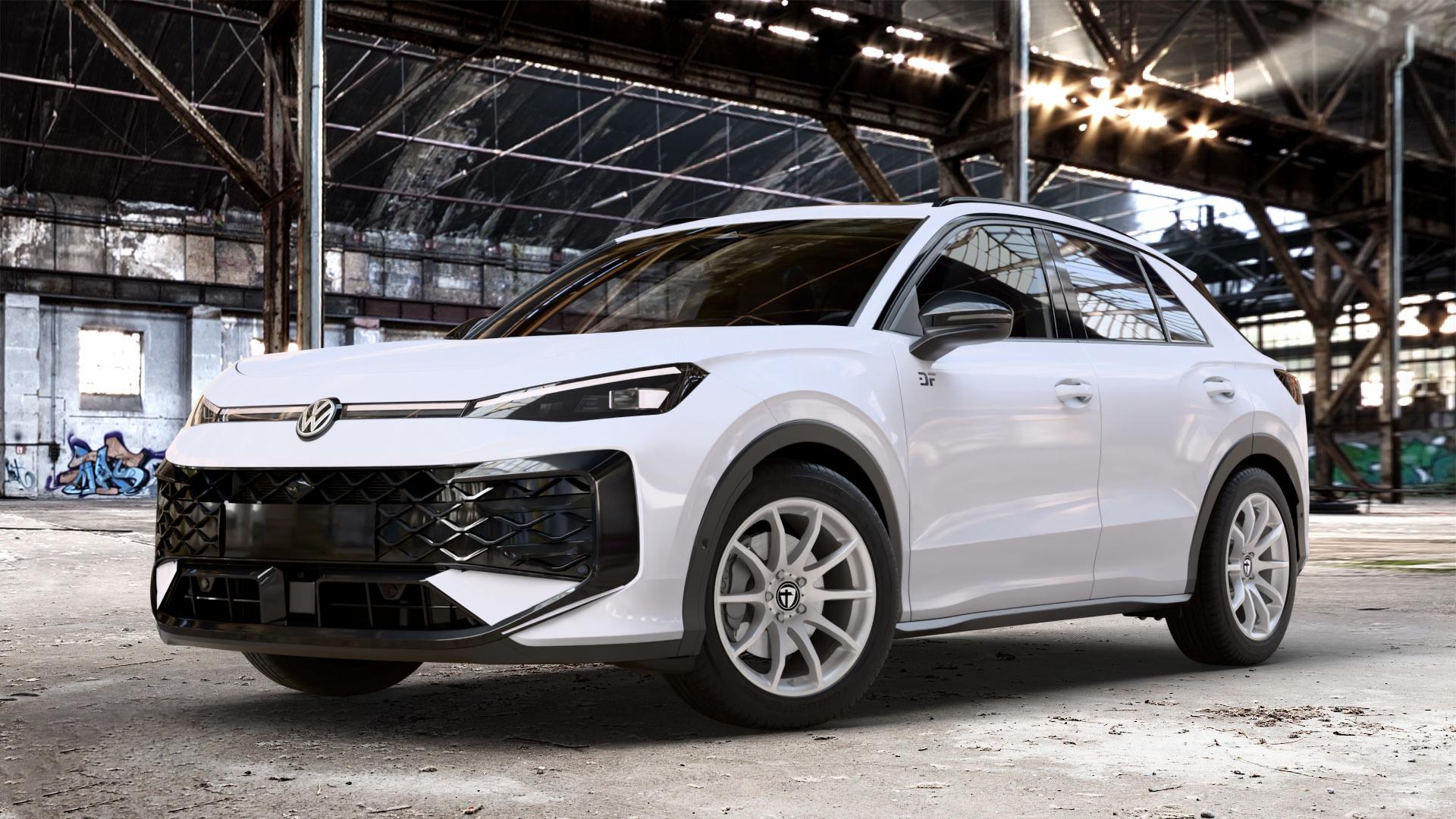 TOMASON TN1 bright silver Felge mit Reifen silber in 18Zoll Winterfelge Alufelge auf weissem Volkswagen (VW) T-Roc Typ A2 ⬇️ mit 15mm Tieferlegung ⬇️ Old Industrial Hall_max_4400mm_2024 Frontansicht_1