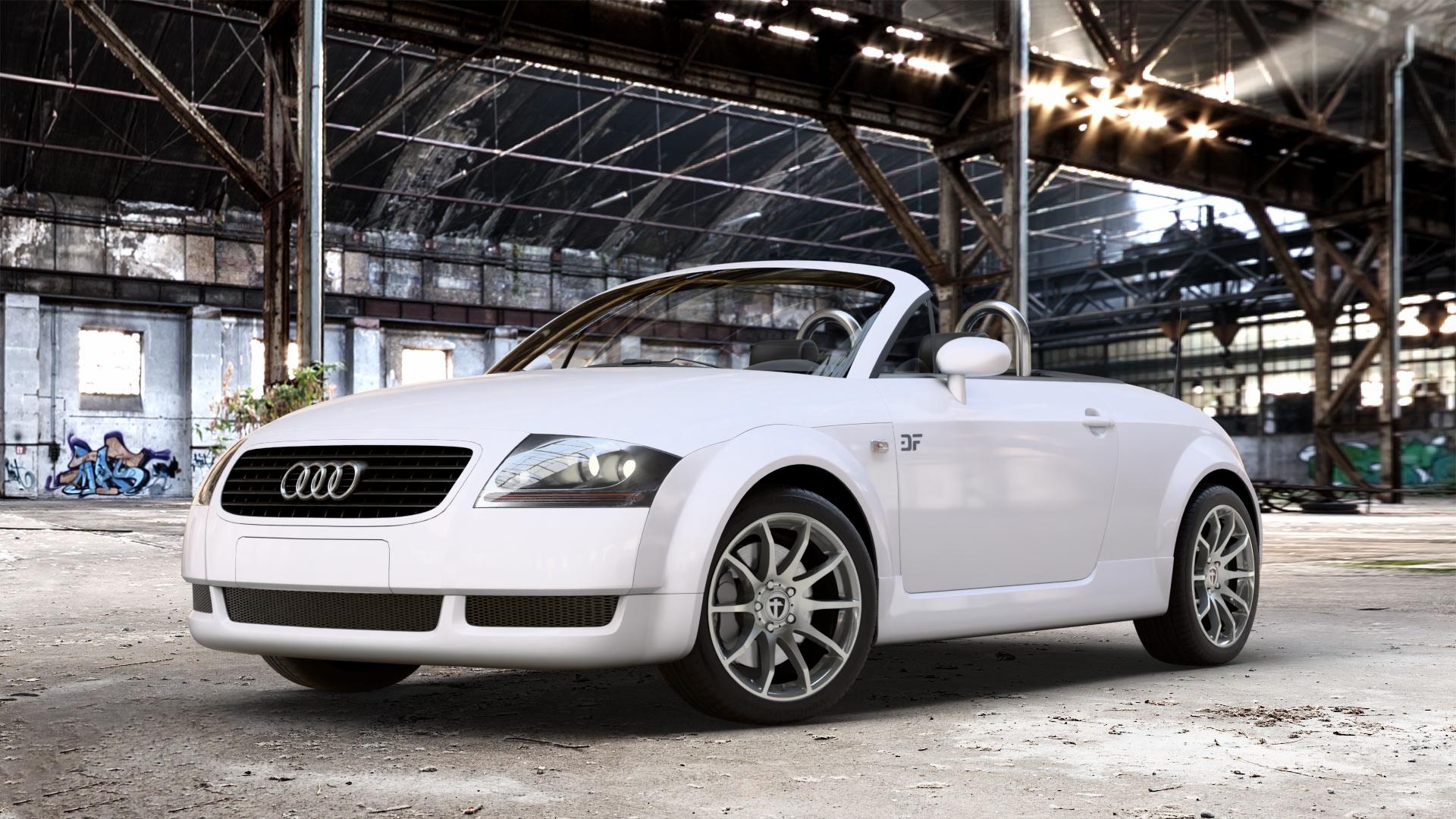 TOMASON TN1 hyperblack polished Felge mit Reifen grau silber schwarz anthrazit in 17Zoll Alufelge auf weissem Audi TT I Typ 8N (Roadster) 1,8l T 110kW (150 PS) 120kW (163 132kW (179 140kW (190 quattro 165kW (224 3,2l VR6 184kW (250 ⬇️ mit 15mm Tieferlegung ⬇️ Old Industrial Hall_max_4400mm_2024 Frontansicht_1