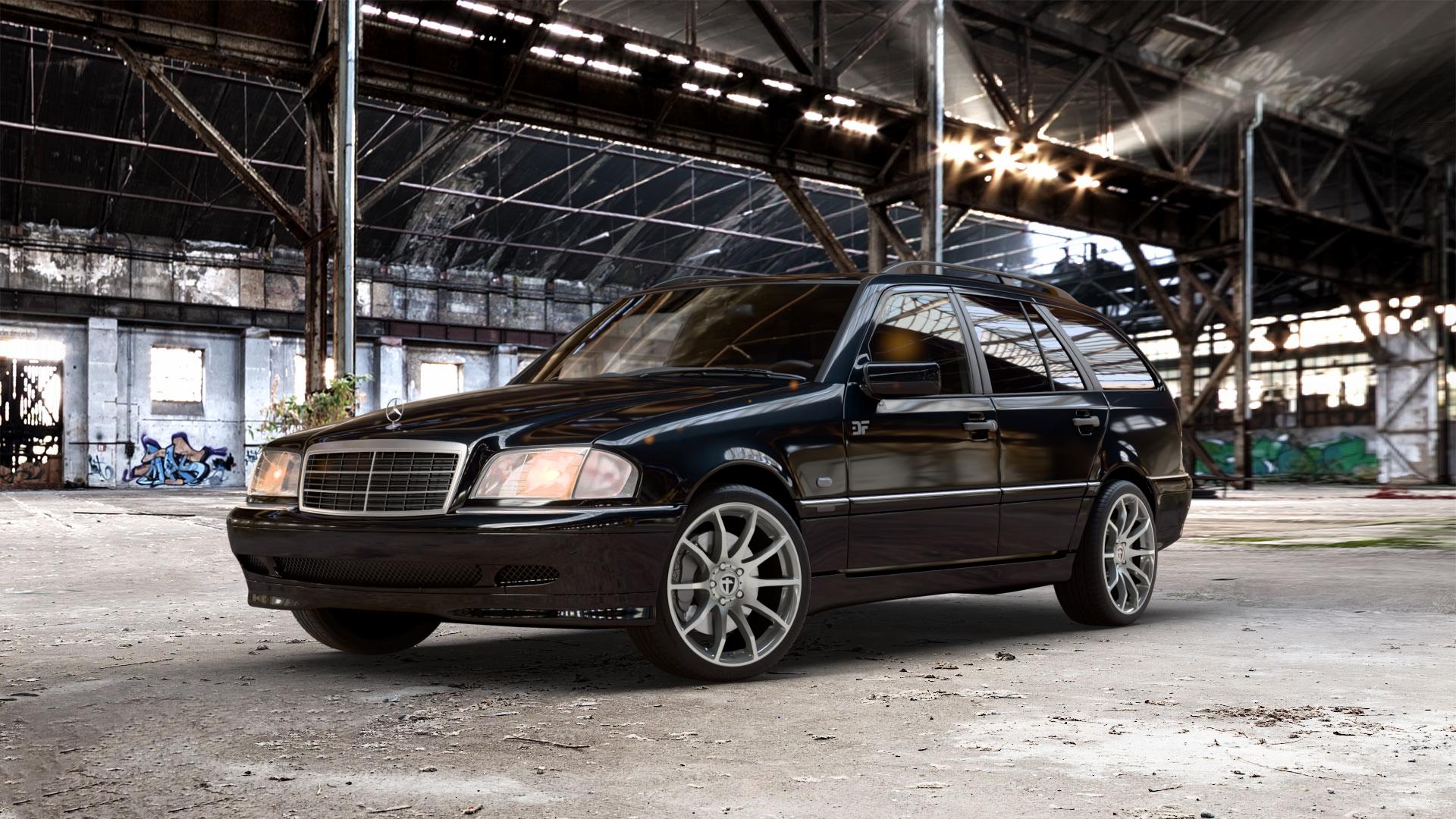 TOMASON TN1 hyperblack polished Felge mit Reifen grau silber schwarz anthrazit in 18Zoll Alufelge auf metallic schwarzem Mercedes C-Klasse Typ S202 Kombi ⬇️ mit 15mm Tieferlegung ⬇️ Old Industrial Hall_max_5300mm_2024 Frontansicht_1