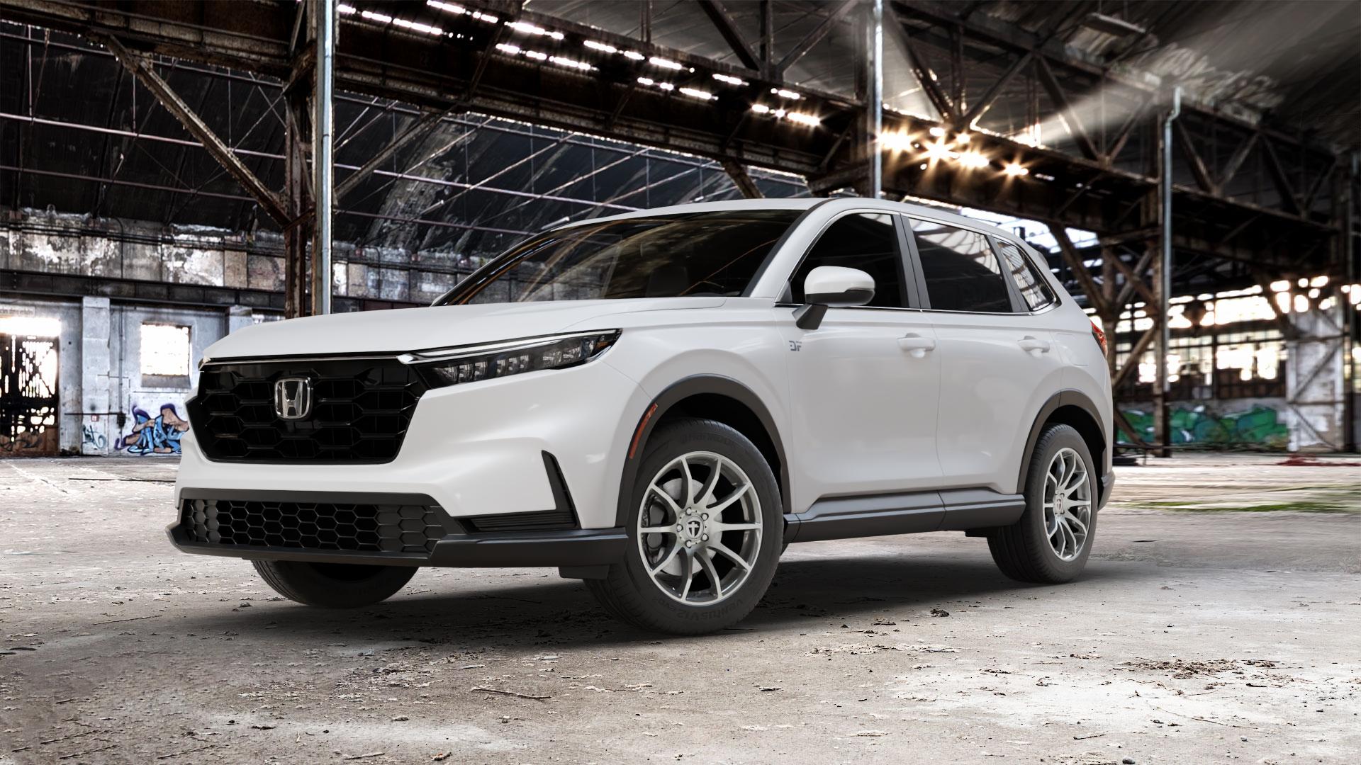 TOMASON TN1 hyperblack polished Felge mit Reifen grau silber schwarz anthrazit in 18Zoll Alufelge auf weissem Honda CR-V VI (RS) ⬇️ mit 15mm Tieferlegung ⬇️ Old Industrial Hall_max_5300mm_2024 Frontansicht_1