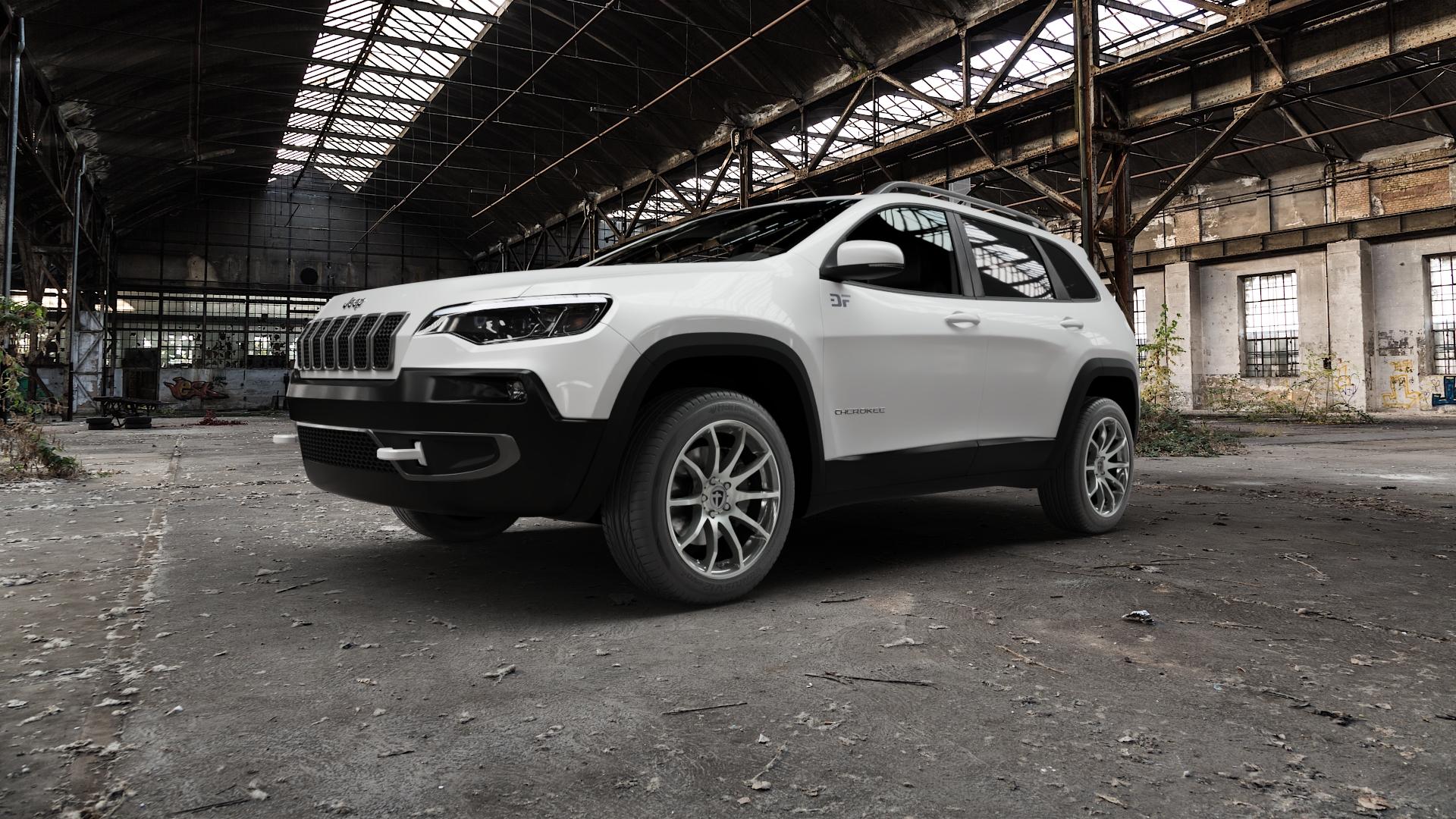TOMASON TN1 hyperblack polished Felge mit Reifen grau silber schwarz anthrazit in 18Zoll Alufelge auf weissem Jeep Cherokee Typ KL Facelift ⬇️ mit 15mm Tieferlegung ⬇️ Old Industrial Hall_max5000mm_2022 Frontansicht_1