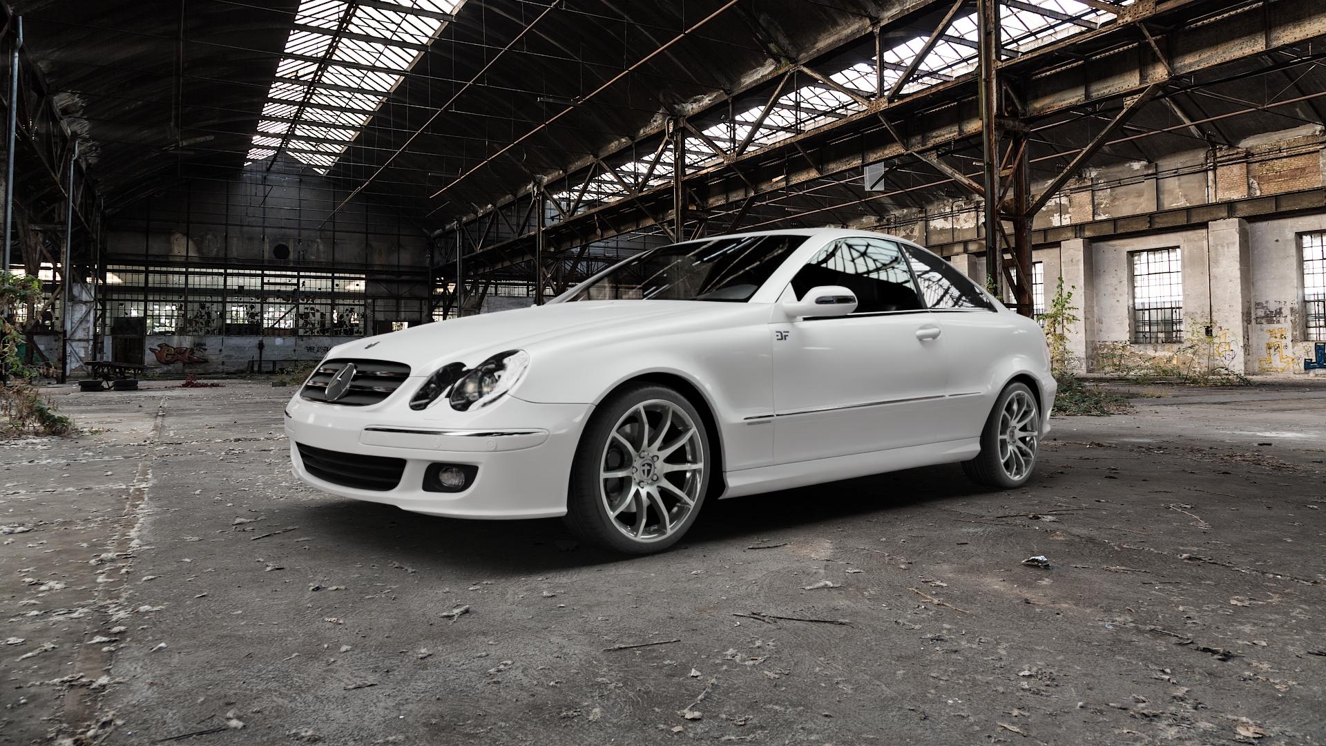 TOMASON TN1 hyperblack polished Felge mit Reifen grau silber schwarz anthrazit in 18Zoll Alufelge auf weissem Mercedes CLK Typ C209 Coupe ⬇️ mit 15mm Tieferlegung ⬇️ Old Industrial Hall_max5000mm_2022 Frontansicht_1