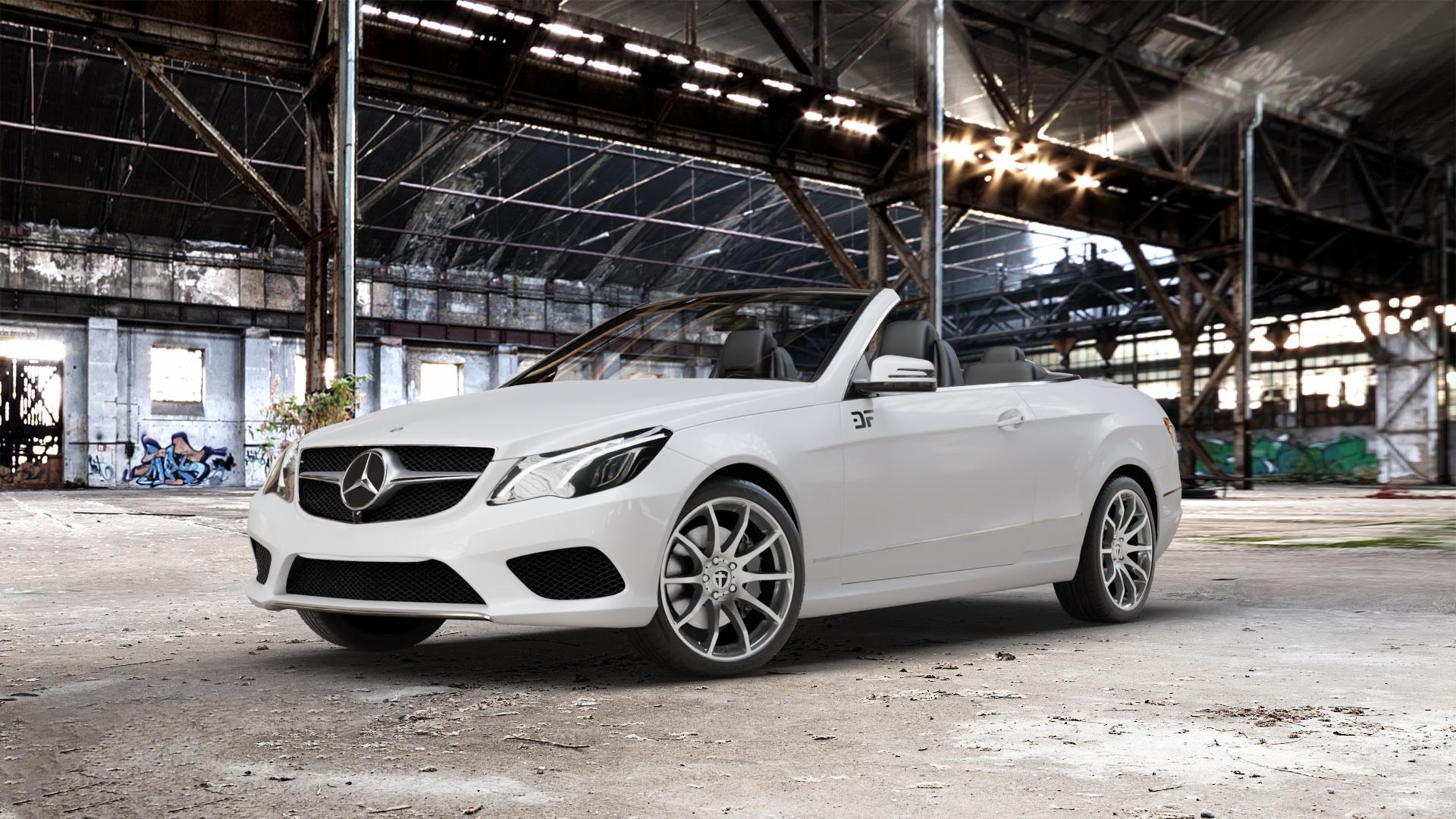TOMASON TN1 hyperblack polished Felge mit Reifen grau silber schwarz anthrazit in 18Zoll Alufelge auf weissem Mercedes E-Klasse Typ A207 Cabriolet Facelift Cabrio ⬇️ mit 15mm Tieferlegung ⬇️ Old Industrial Hall_max_5300mm_2024 Frontansicht_1