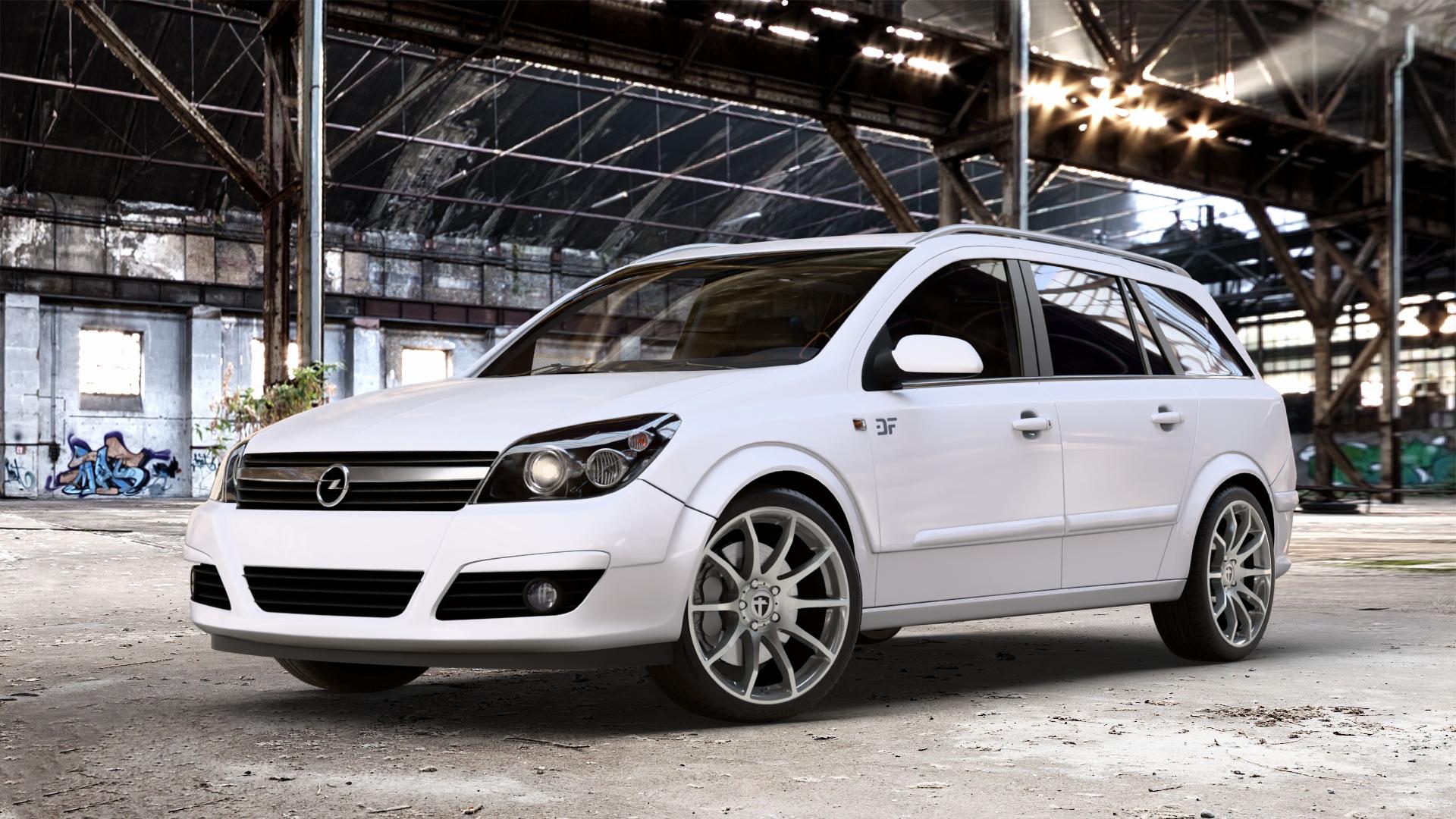 TOMASON TN1 hyperblack polished Felge mit Reifen grau silber schwarz anthrazit in 18Zoll Alufelge auf weissem Opel Astra H Typ A-H Caravan A-H/SW ⬇️ mit 15mm Tieferlegung ⬇️ Old Industrial Hall_max_4400mm_2024 Frontansicht_1