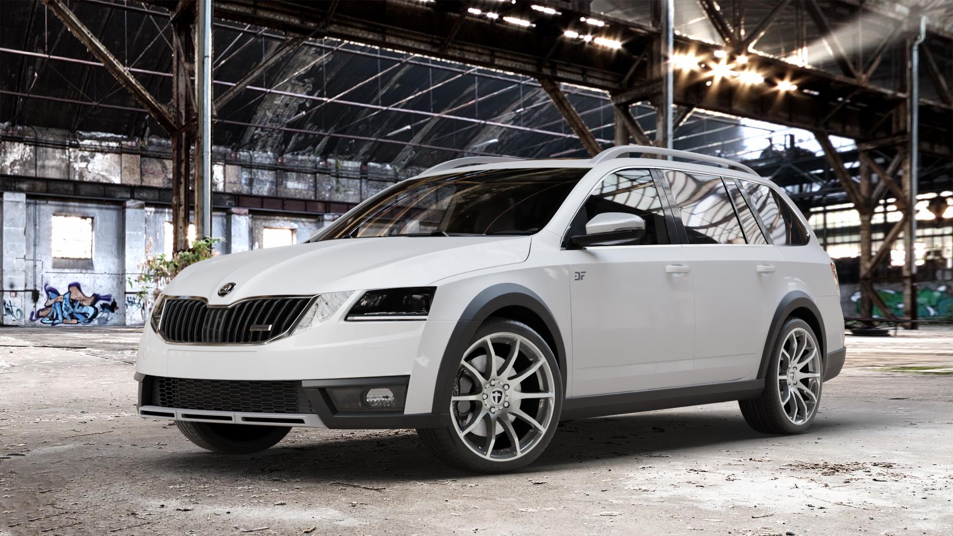 TOMASON TN1 hyperblack polished Felge mit Reifen grau silber schwarz anthrazit in 18Zoll Alufelge auf weissem Skoda Octavia III Scout Typ 5E Facelift ⬇️ mit 15mm Tieferlegung ⬇️ Old Industrial Hall_max_4400mm_2024 Frontansicht_1