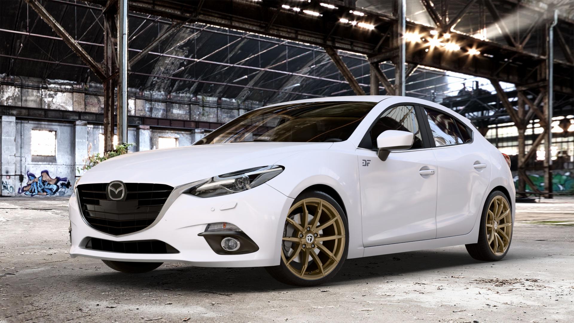 TOMASON TN10 mattbronze Felge mit Reifen in 19Zoll Alufelge auf weissem Mazda 3 (13-) Stufenheck (BM) Sport (17-) Facelift Fließheck ⬇️ mit 15mm Tieferlegung ⬇️ Old Industrial Hall_max_4400mm_2024 Frontansicht_1