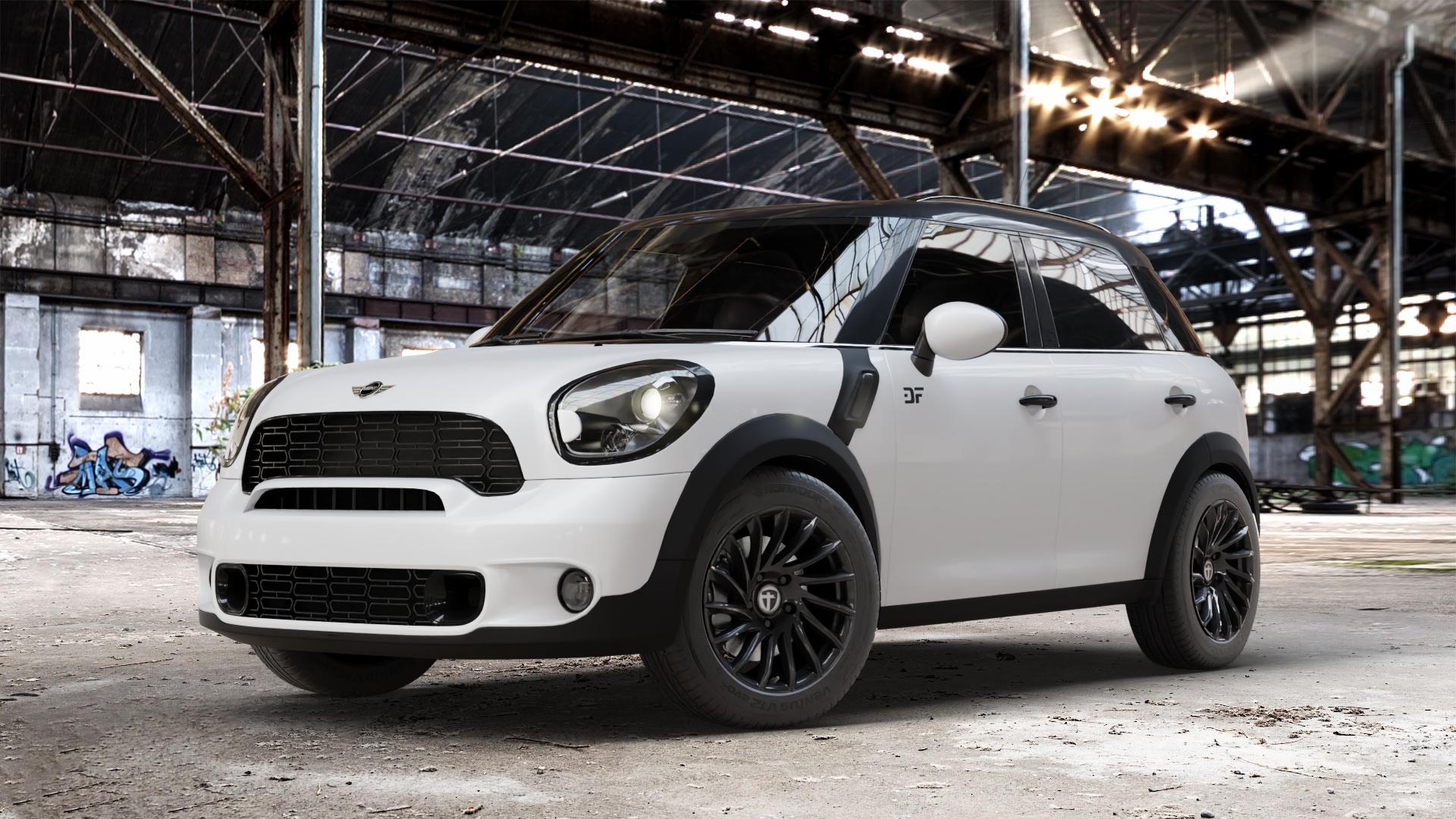 TOMASON TN16 black painted Felge mit Reifen schwarz in 17Zoll Winterfelge Alufelge auf weissem Mini R60 Typ UKL/X (Countryman) UKL-N1 ⬇️ mit 15mm Tieferlegung ⬇️ Old Industrial Hall_max_4400mm_2024 Frontansicht_1