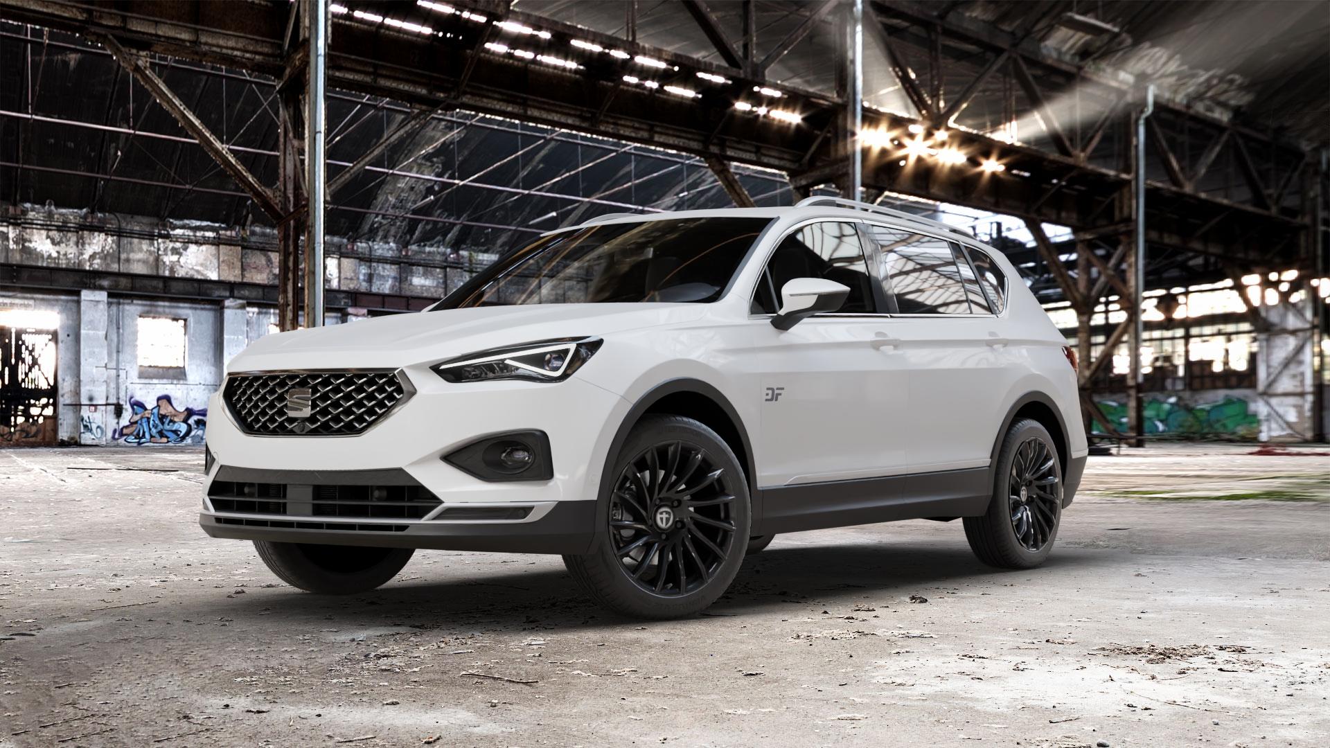 TOMASON TN16 black painted Felge mit Reifen schwarz in 19Zoll Winterfelge Alufelge auf weissem Seat Tarraco Typ KN ⬇️ mit 15mm Tieferlegung ⬇️ Old Industrial Hall_max_5300mm_2024 Frontansicht_1