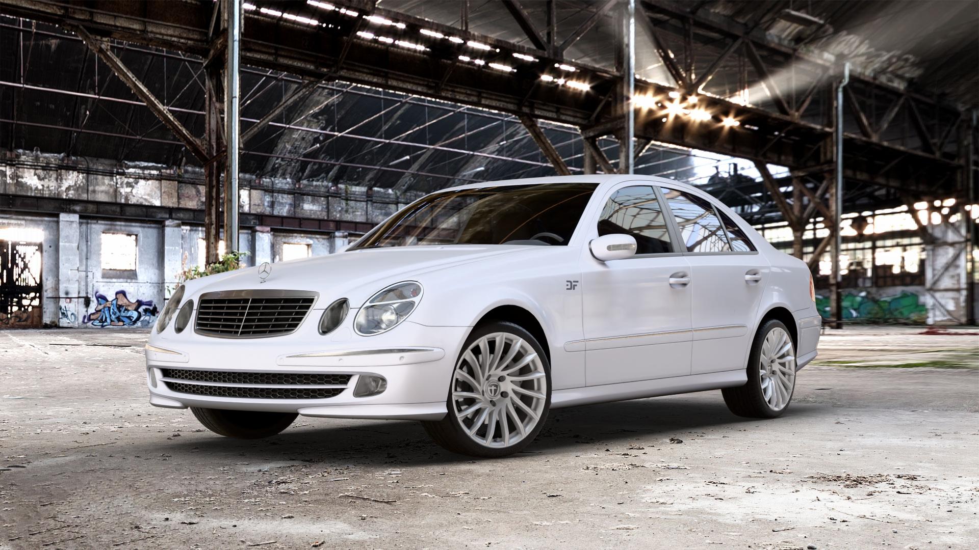 TOMASON TN16 bright silver Felge mit Reifen silber in 19Zoll Winterfelge Alufelge auf weissem Mercedes E-Klasse Typ W211 Limousine ⬇️ mit 15mm Tieferlegung ⬇️ Old Industrial Hall_max_5300mm_2024 Frontansicht_1