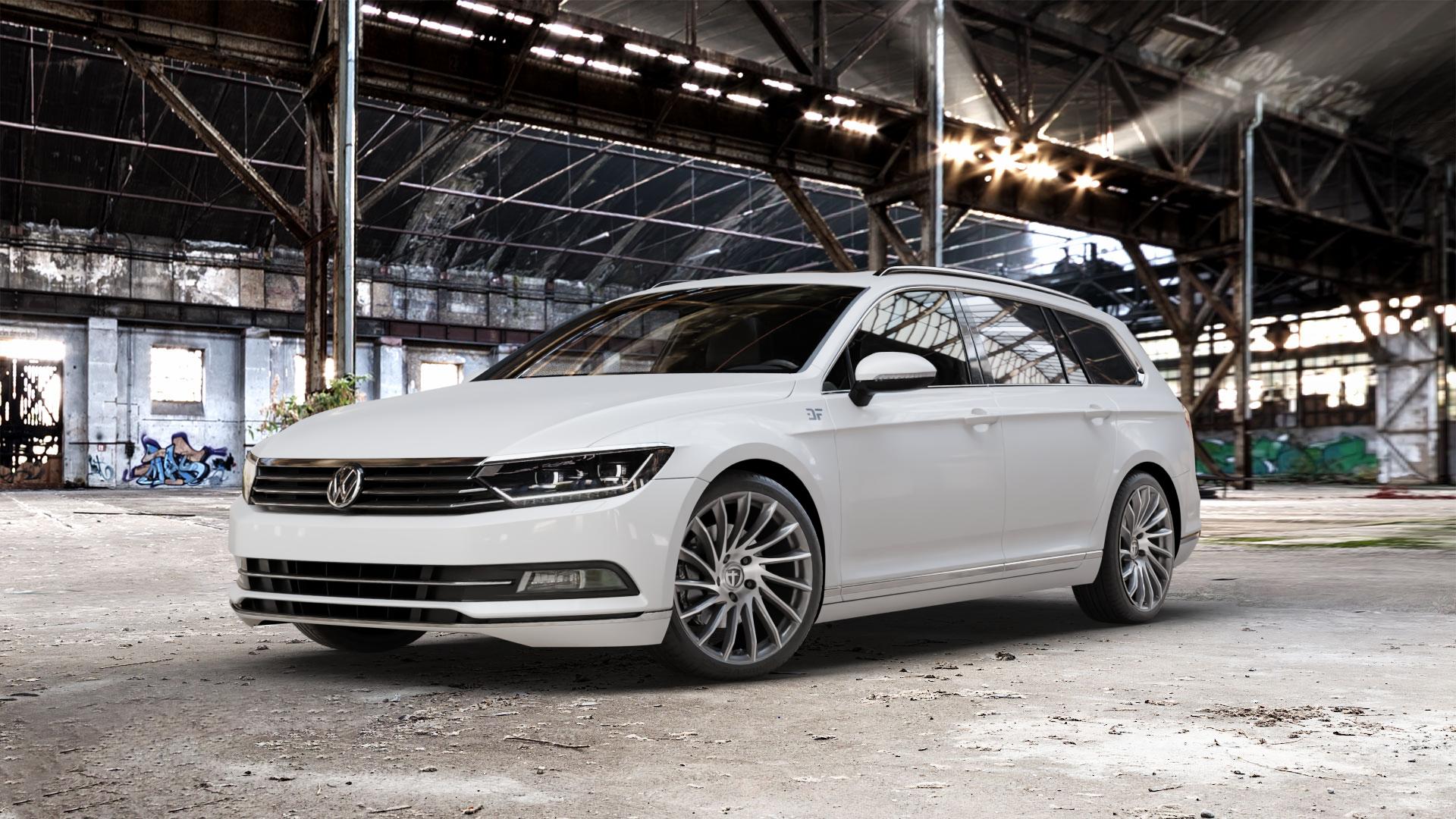 TOMASON TN16 dark hyperblack polished Felge mit Reifen grau silber mehrfarbig anthrazit in 19Zoll Alufelge auf weissem Volkswagen (VW) Passat 3C/B8 Limousine Variant ⬇️ mit 15mm Tieferlegung ⬇️ Old Industrial Hall_max_5300mm_2024 Frontansicht_1