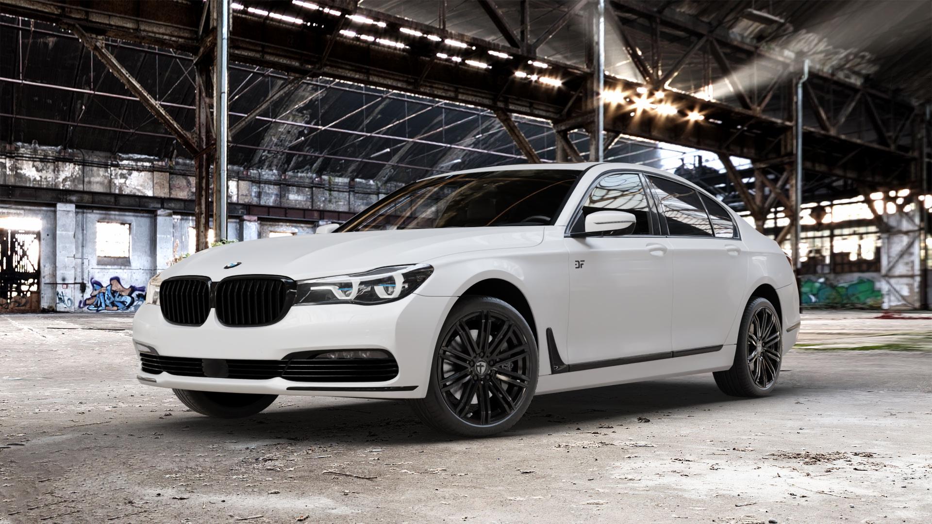 TOMASON TN18 black painted Felge mit Reifen schwarz in 20Zoll Winterfelge Alufelge auf weissem BMW 740i Typ G11 750i xDrive 730d 740d 740e 730i 750d 7er Limousine (7L) ⬇️ mit 15mm Tieferlegung ⬇️ Old Industrial Hall_max_5300mm_2024 Frontansicht_1