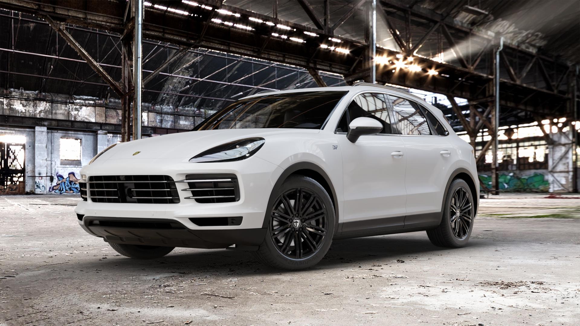 TOMASON TN18 black painted Felge mit Reifen schwarz in 20Zoll Winterfelge Alufelge auf weissem Porsche Cayenne III Typ 9YA ⬇️ mit 15mm Tieferlegung ⬇️ Old Industrial Hall_max_5300mm_2024 Frontansicht_1