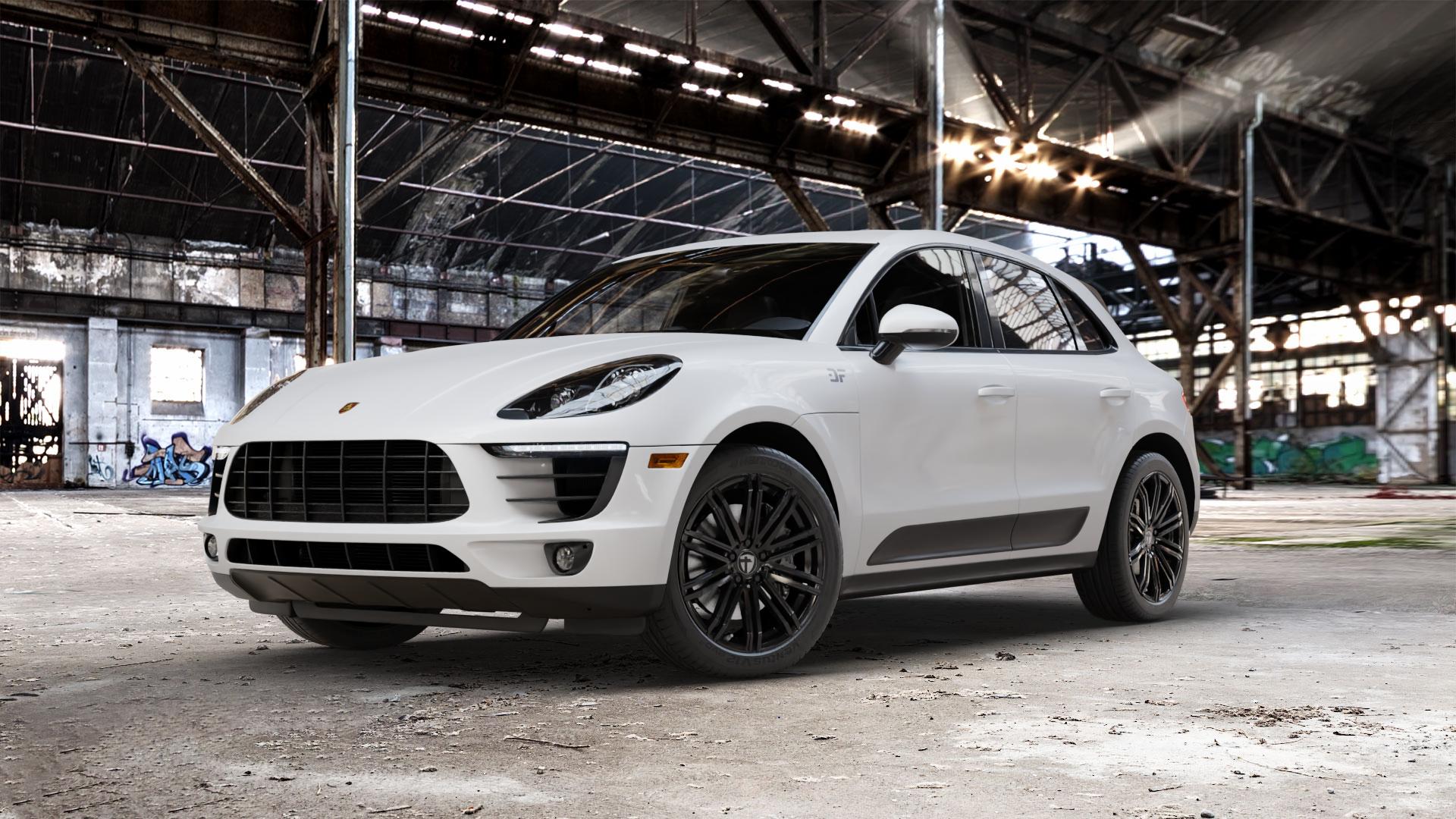 TOMASON TN18 black painted Felge mit Reifen schwarz in 20Zoll Winterfelge Alufelge auf weissem Porsche Macan Typ 95B ⬇️ mit 15mm Tieferlegung ⬇️ Old Industrial Hall_max_5300mm_2024 Frontansicht_1