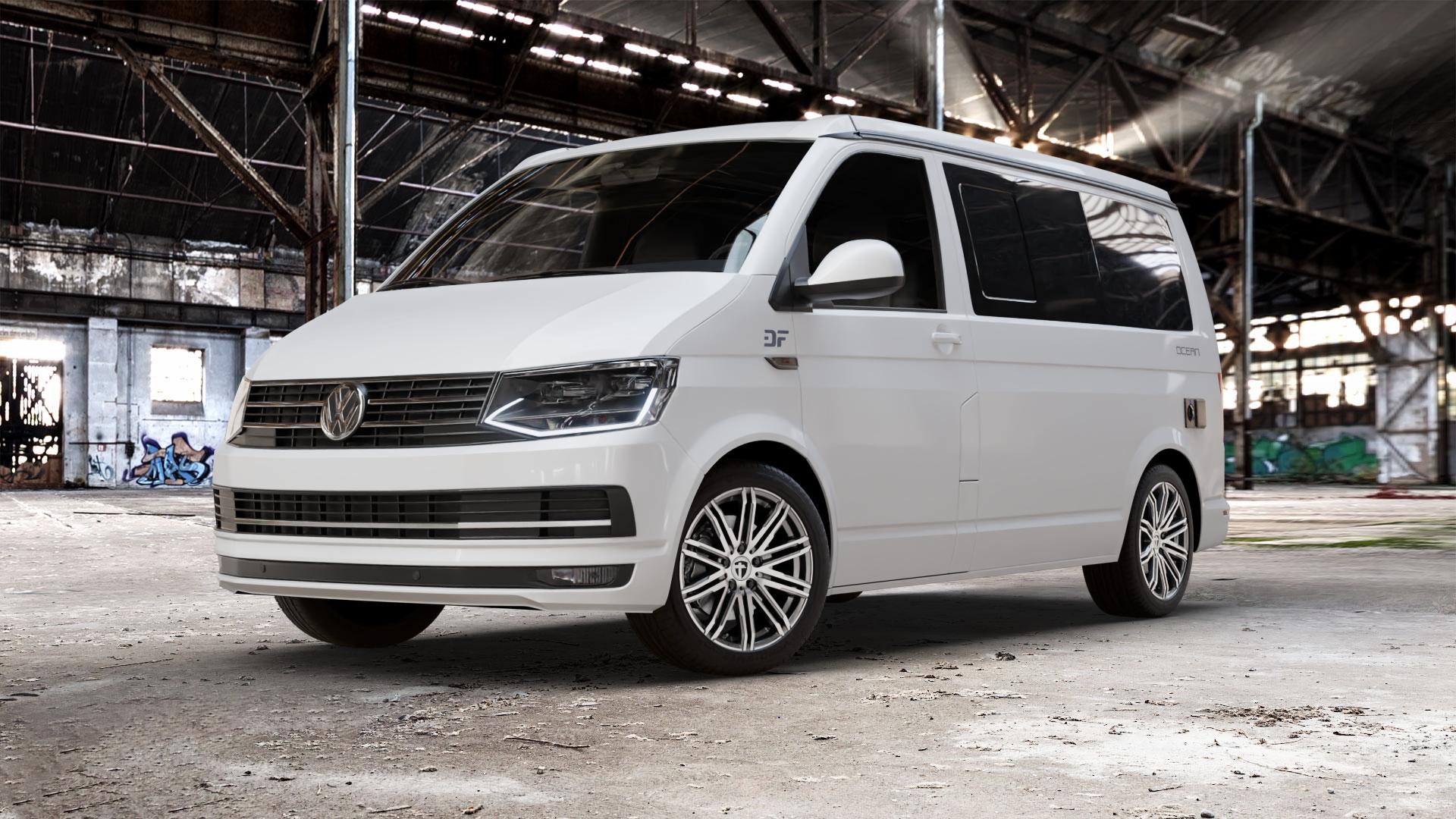 TOMASON TN18 gunmetal polished Felge mit Reifen grau silber mehrfarbig anthrazit in 18Zoll Alufelge auf weissem Volkswagen (VW) T6 California Beach ⬇️ mit 15mm Tieferlegung ⬇️ Old Industrial Hall_max_5300mm_2024 Frontansicht_1