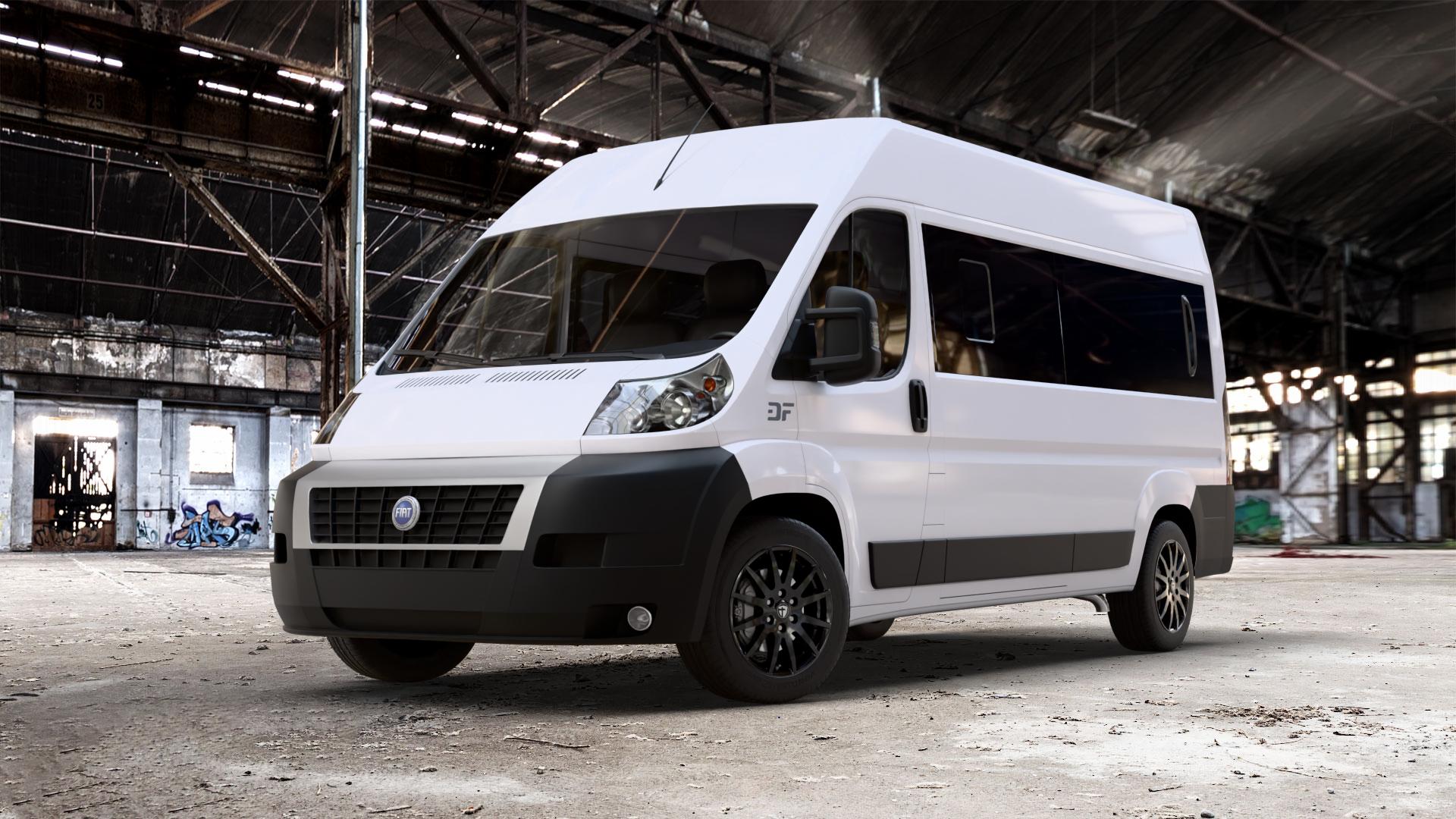 TOMASON TN1F black painted Felge mit Reifen schwarz in 18Zoll Winterfelge Alufelge auf weissem Fiat Ducato Bus Typ 250 ⬇️ mit 15mm Tieferlegung ⬇️ Old Industrial Hall_max_7000mm_2024 Frontansicht_1