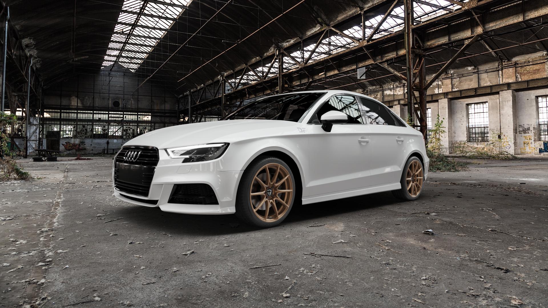 TOMASON TN25 Superlight mattbronze Felge mit Reifen in 18Zoll Alufelge auf weissem Audi A3 Typ 8V (Limousine) Facelift ⬇️ mit 15mm Tieferlegung ⬇️ Old Industrial Hall_max5000mm_2022 Frontansicht_1