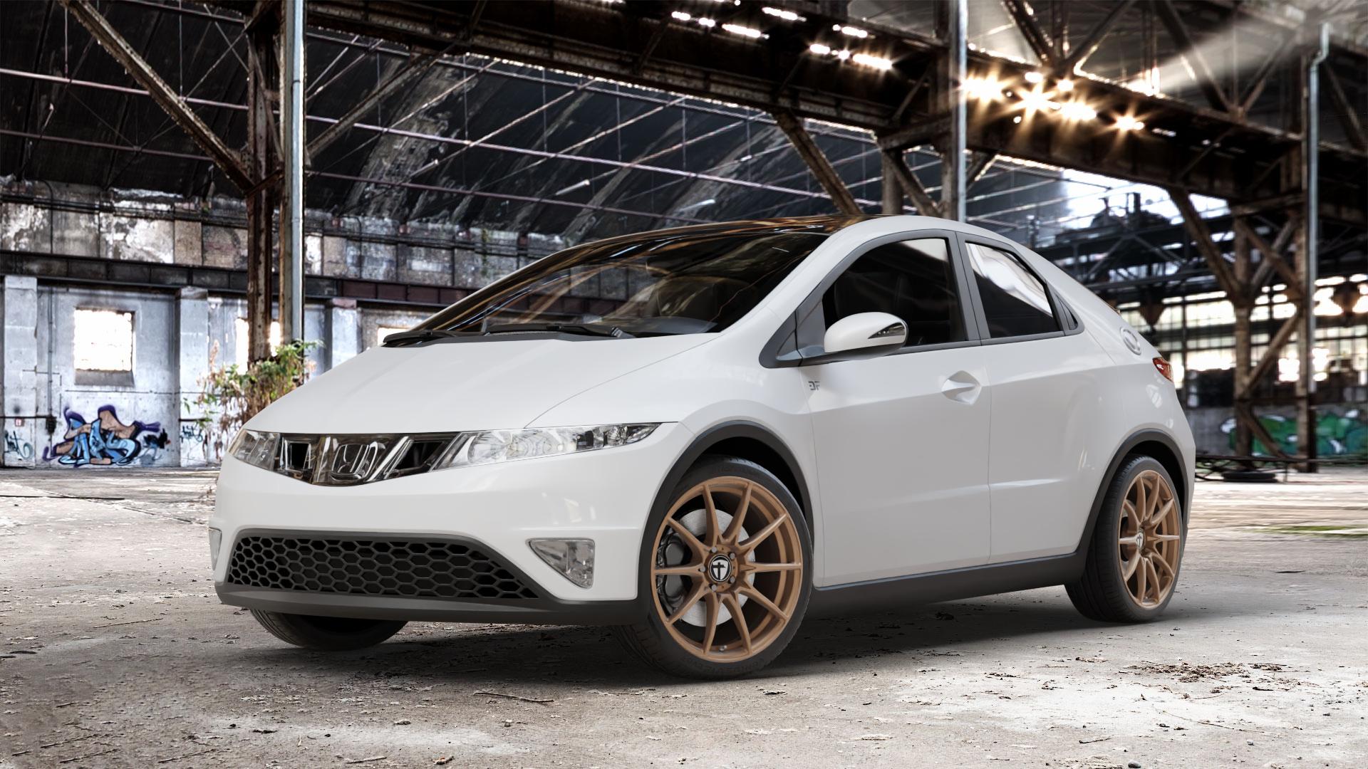 TOMASON TN25 Superlight mattbronze Felge mit Reifen in 18Zoll Alufelge auf weissem Honda Civic 8 Fünftürer (FK) 1,4l V-Tec (FK1) 73kW (99 PS) ⬇️ mit 15mm Tieferlegung ⬇️ Old Industrial Hall_max_4400mm_2024 Frontansicht_1