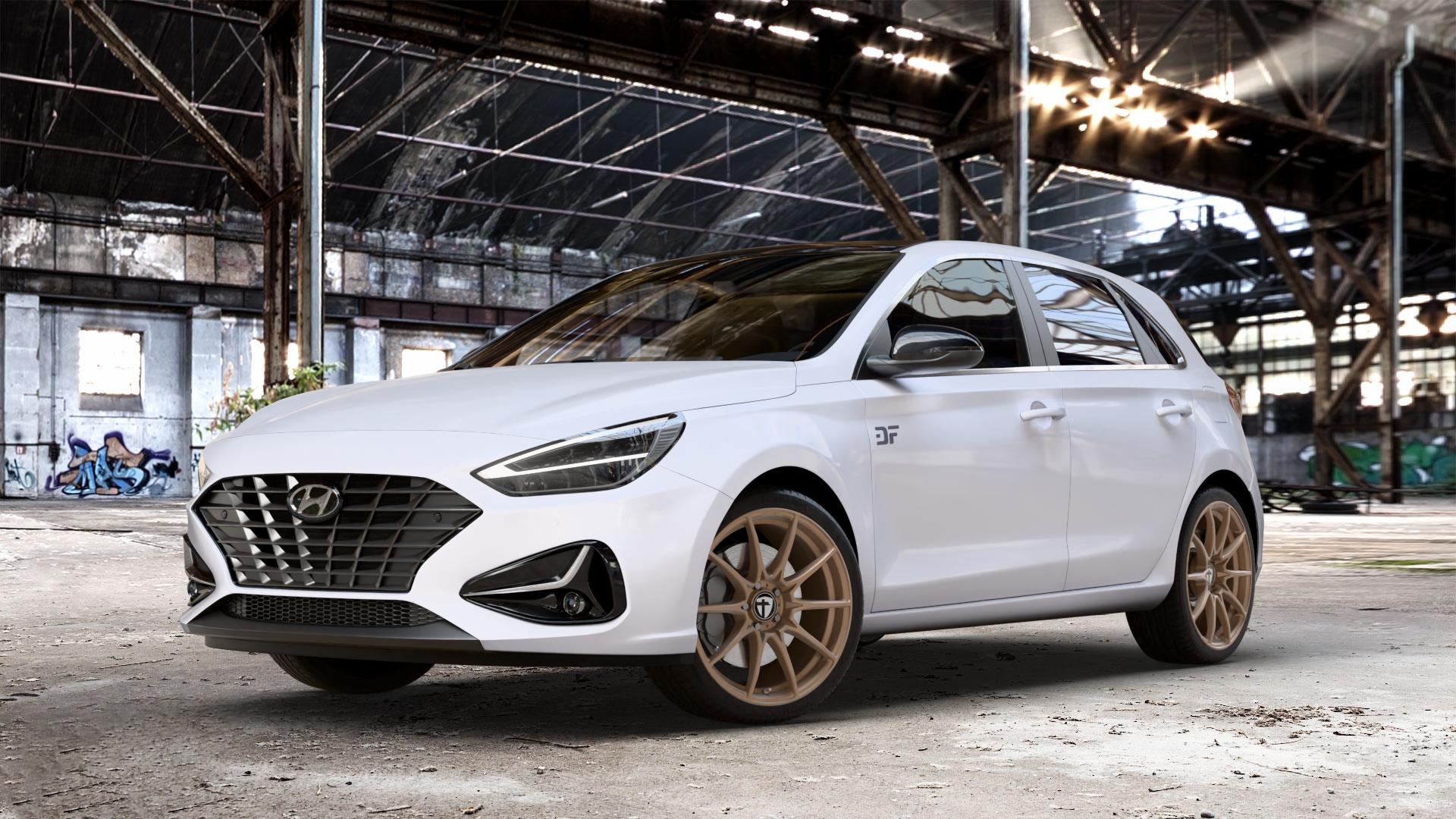 TOMASON TN25 Superlight mattbronze Felge mit Reifen in 18Zoll Alufelge auf weissem Hyundai i30 Typ PDE Facelift 1,0l T-GDI 88kW Mild-Hybrid (120 PS) 1,5l 117kW (159 81kW (110 1,6l CRDi 85kW (116 100kW (136 II ⬇️ mit 15mm Tieferlegung ⬇️ Old Industrial Hall_max_4400mm_2024 Frontansicht_1