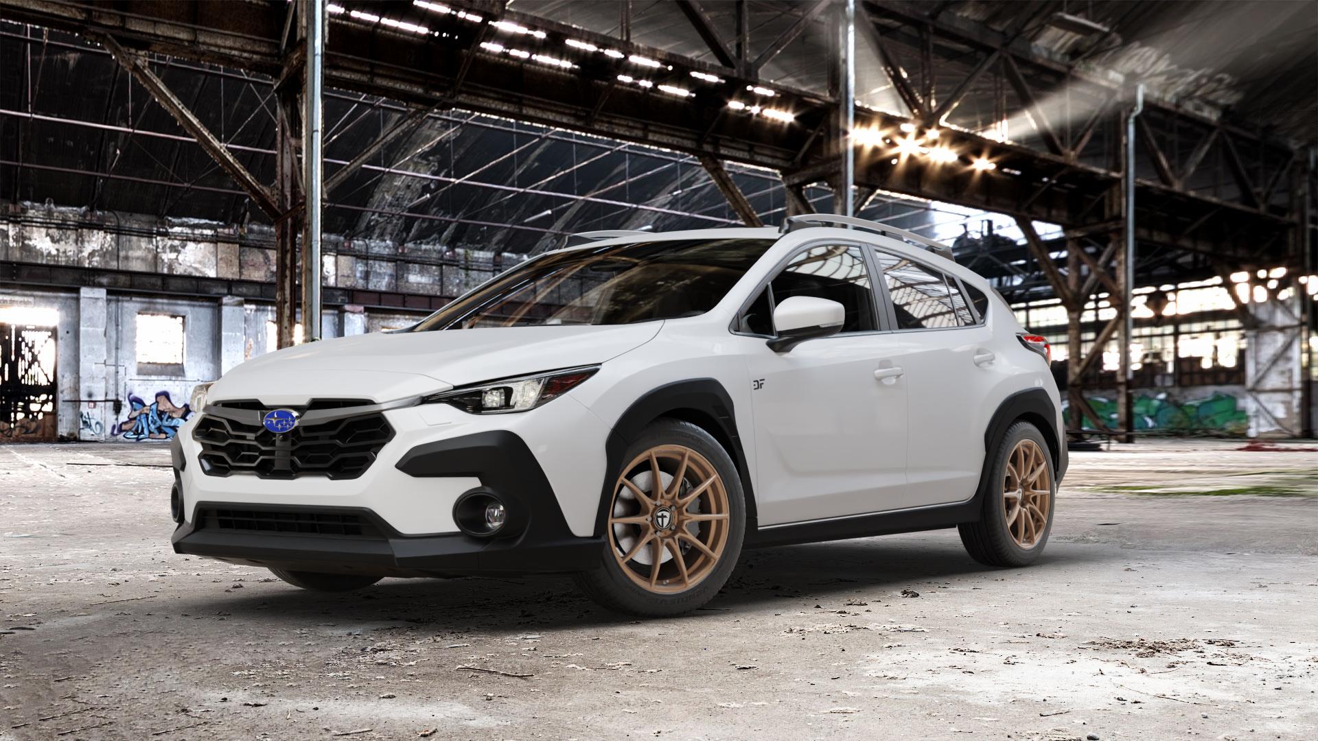 TOMASON TN25 Superlight mattbronze Felge mit Reifen in 18Zoll Alufelge auf weissem Subaru Crosstrek Typ G6-SS 2,0l 100kW Mild-Hybrid AWD (136 PS) ⬇️ mit 15mm Tieferlegung ⬇️ Old Industrial Hall_max_5300mm_2024 Frontansicht_1