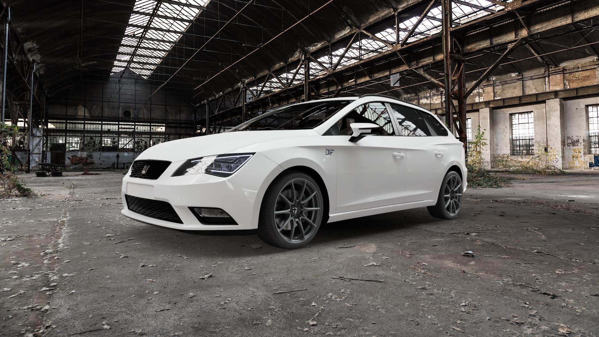TOMASON TN25 Superlight mattgraphite Felge mit Reifen grau anthrazit in 18Zoll Winterfelge Alufelge auf weissem Seat Leon Typ 5F ST ⬇️ mit 15mm Tieferlegung ⬇️ Old Industrial Hall_max5000mm_2022 Frontansicht_1
