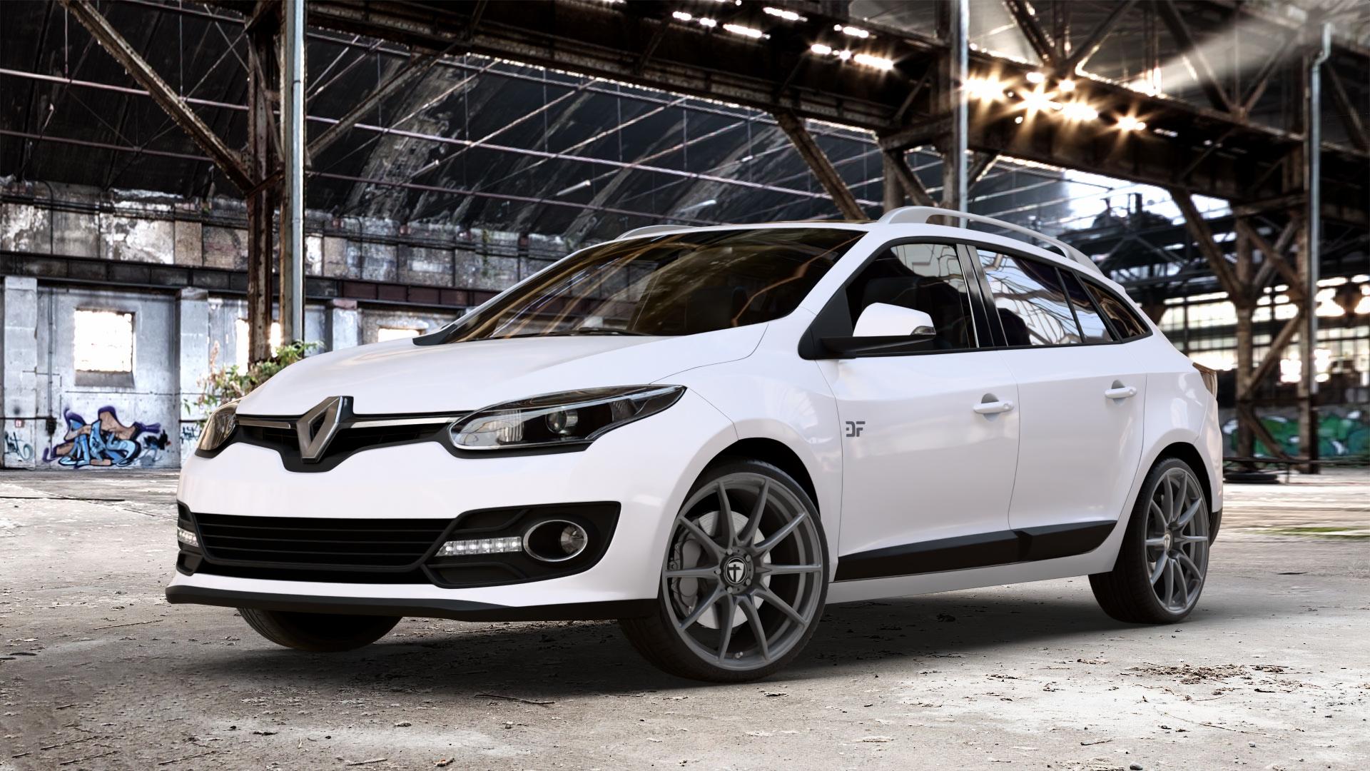 TOMASON TN25 Superlight mattgraphite Felge mit Reifen grau anthrazit in 19Zoll Winterfelge Alufelge auf weissem Renault Megane III Grandtour Typ Z ⬇️ mit 15mm Tieferlegung ⬇️ Old Industrial Hall_max_4400mm_2024 Frontansicht_1