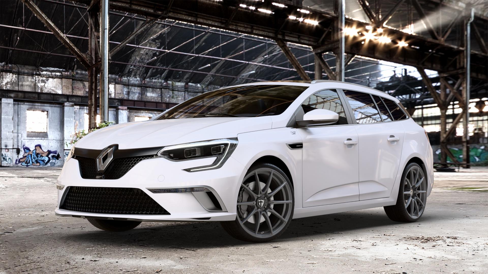 TOMASON TN25 Superlight mattgraphite Felge mit Reifen grau anthrazit in 19Zoll Winterfelge Alufelge auf weissem Renault Megane IV Grandtour Typ RFB Facelift ⬇️ mit 15mm Tieferlegung ⬇️ Old Industrial Hall_max_4400mm_2024 Frontansicht_1