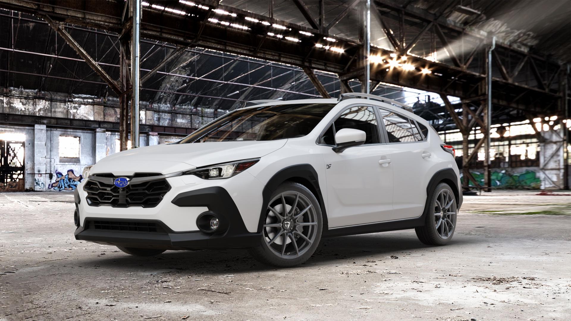 TOMASON TN25 Superlight mattgraphite Felge mit Reifen grau anthrazit in 19Zoll Winterfelge Alufelge auf weissem Subaru Crosstrek Typ G6-SS 2,0l 100kW Mild-Hybrid AWD (136 PS) ⬇️ mit 15mm Tieferlegung ⬇️ Old Industrial Hall_max_5300mm_2024 Frontansicht_1