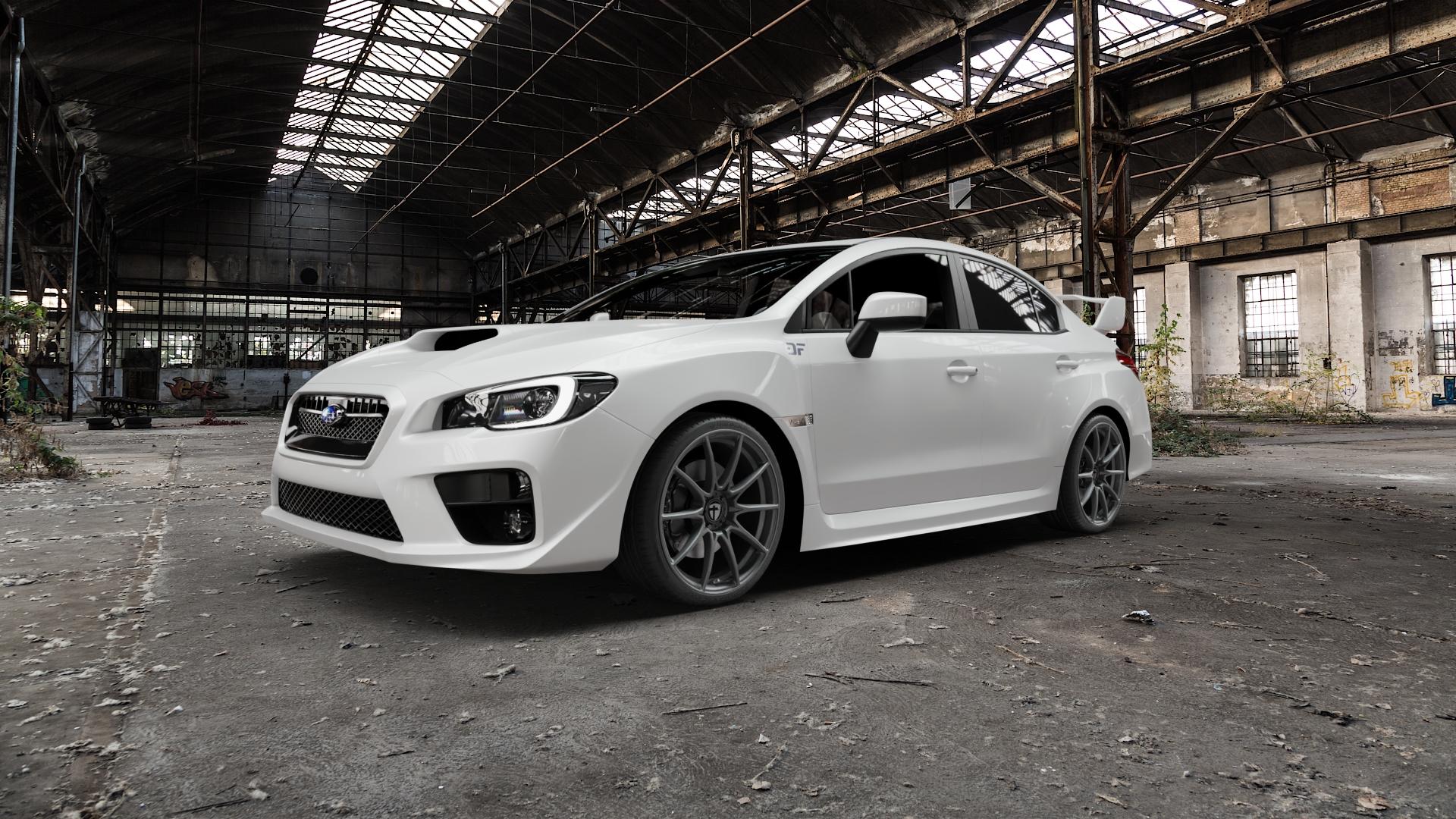 TOMASON TN25 Superlight mattgraphite Felge mit Reifen grau anthrazit in 19Zoll Winterfelge Alufelge auf weissem Subaru WRX Typ V1 2,5l STI AWD 221kW (300 PS) ⬇️ mit 15mm Tieferlegung ⬇️ Old Industrial Hall_max5000mm_2022 Frontansicht_1
