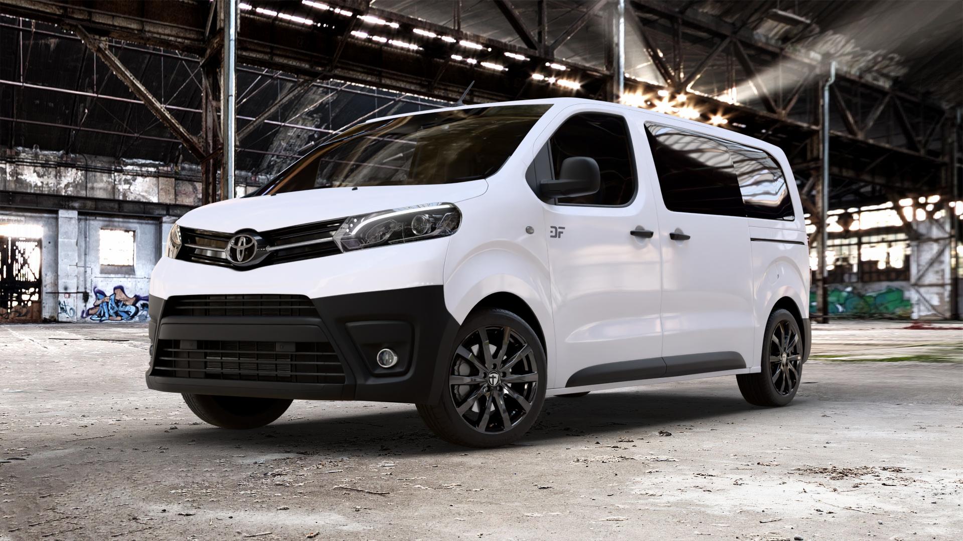 TOMASON TN28 Flow black painted Felge mit Reifen schwarz in 18Zoll Winterfelge Alufelge auf weissem Toyota Proace II Verso Typ V ⬇️ mit 15mm Tieferlegung ⬇️ Old Industrial Hall_max_5300mm_2024 Frontansicht_1