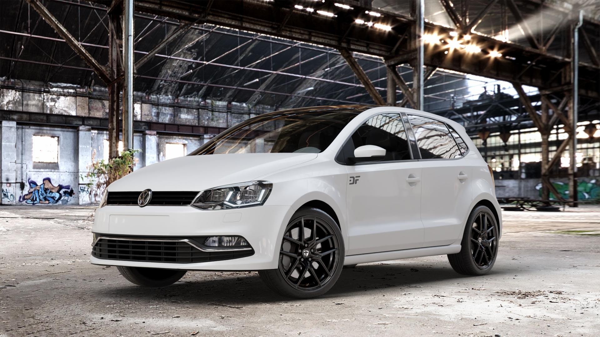 TOMASON TN30 black painted Felge mit Reifen schwarz in 17Zoll Winterfelge Alufelge auf weissem Volkswagen (VW) Polo V Typ 6C ⬇️ mit 15mm Tieferlegung ⬇️ Old Industrial Hall_max_4400mm_2024 Frontansicht_1