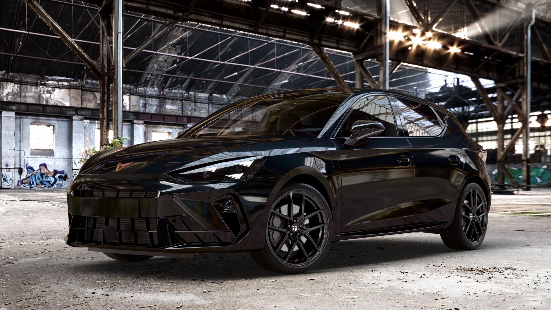 TOMASON TN30 black painted Felge mit Reifen schwarz in 19Zoll Winterfelge Alufelge auf metallic schwarzem Cupra Leon Typ KL Facelift ⬇️ mit 15mm Tieferlegung ⬇️ Old Industrial Hall_max_4400mm_2024 Frontansicht_1