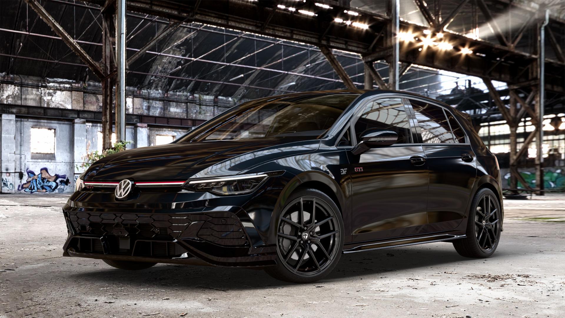 TOMASON TN30 black painted Felge mit Reifen schwarz in 19Zoll Winterfelge Alufelge auf schwarzem Volkswagen (VW) Golf 8 Facelift 2,0l GTI Clubsport 221kW (300 PS) ⬇️ mit 15mm Tieferlegung ⬇️ Old Industrial Hall_max_4400mm_2024 Frontansicht_1