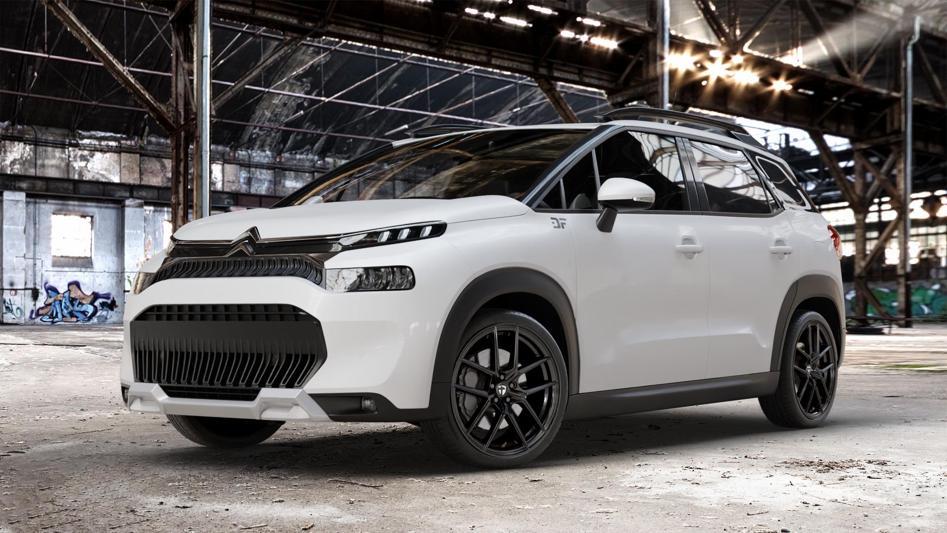 TOMASON TN30 black painted Felge mit Reifen schwarz in 19Zoll Winterfelge Alufelge auf weissem Citroen C3 Aircross Typ 2 Facelift ⬇️ mit 15mm Tieferlegung ⬇️ Old Industrial Hall_max_4400mm_2024 Frontansicht_1