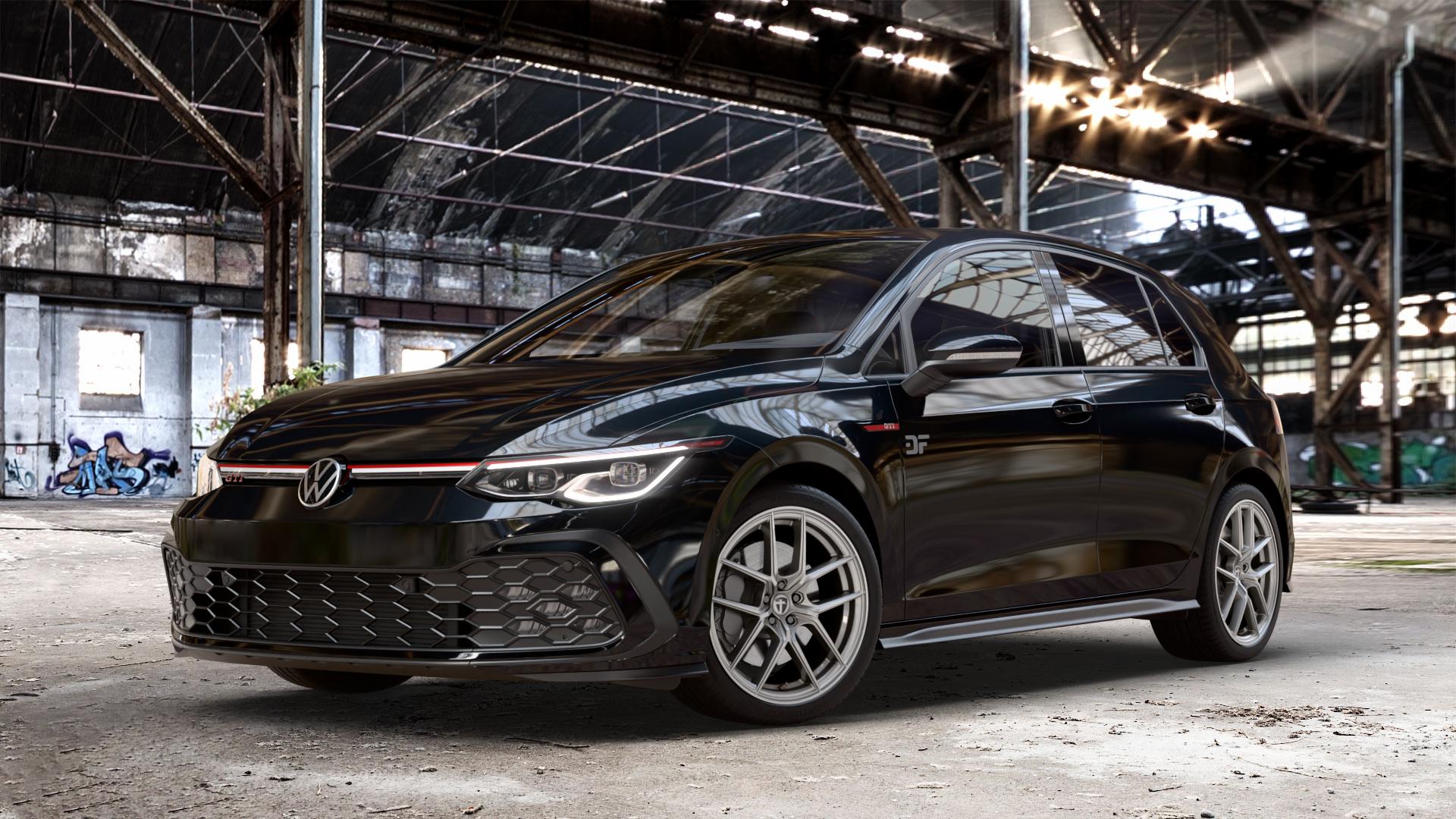 TOMASON TN30 silver Felge mit Reifen silber in 18Zoll Winterfelge Alufelge auf schwarzem metallic Volkswagen (VW) Golf 8 2,0l GTI 180kW (245 PS) ⬇️ mit 15mm Tieferlegung ⬇️ Old Industrial Hall_max_4400mm_2024 Frontansicht_1