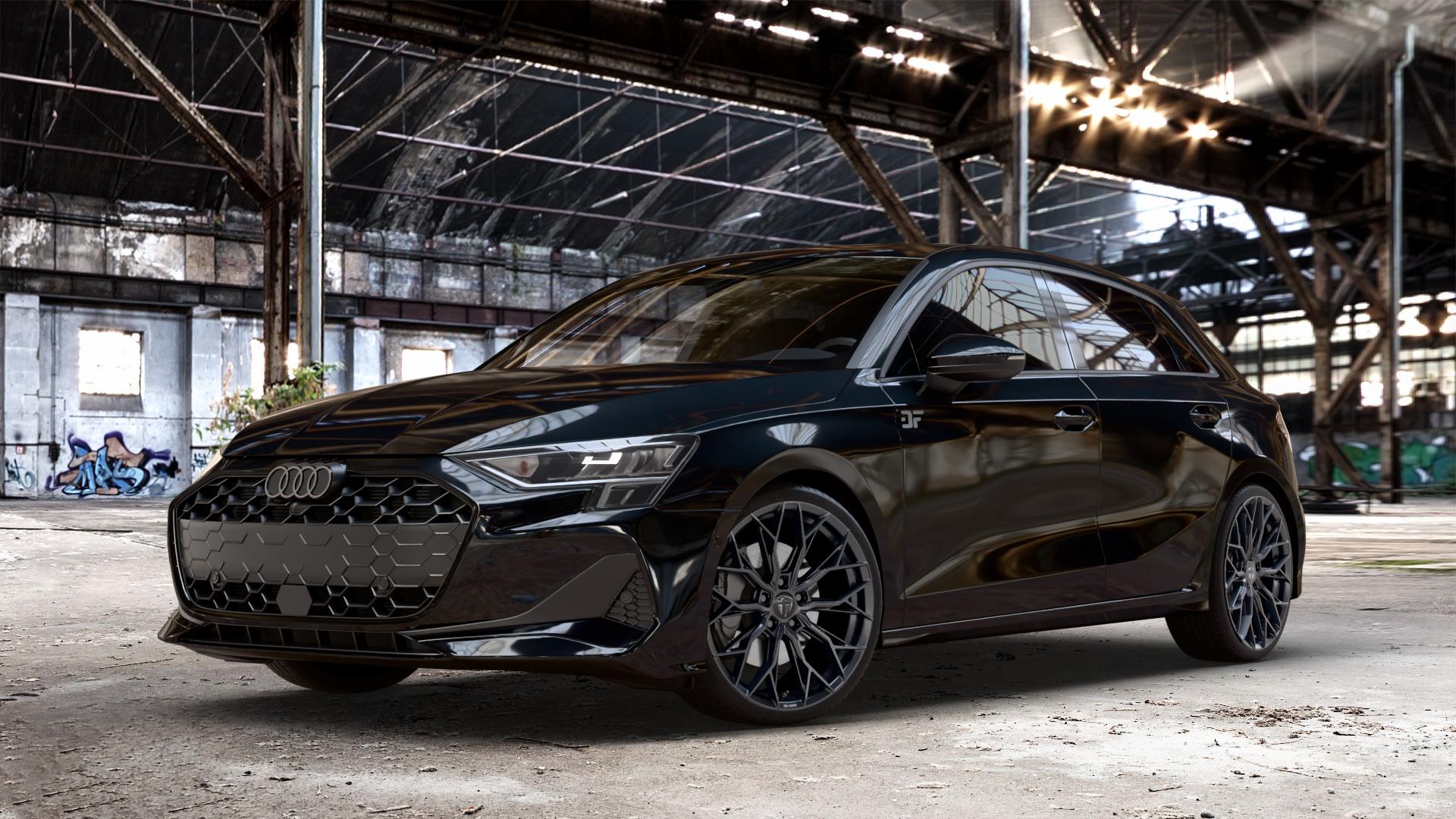 TOMASON TN31 black painted Felge mit Reifen schwarz in 19Zoll Winterfelge Alufelge auf metallic schwarzem Audi A3 Typ GY (Sportback) Facelift 2,0l 30 TDI 85kW (116 PS) 1,5l TFSI Mild-Hybrid 35 110kW (150 PHEV 200 130kW Hybrid (177 150 ⬇️ mit 15mm Tieferlegung ⬇️ Old Industrial Hall_max_4400mm_2024 Frontansicht_1