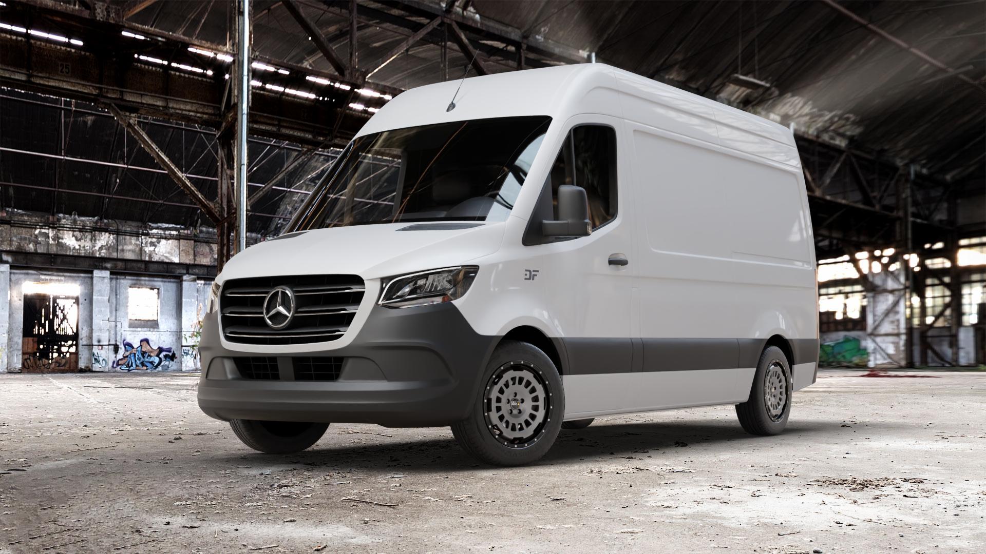 Twin Monotube Projekt FE-AT1-HD Stone Felge mit Reifen grau schwarz in 18Zoll Winterfelge Alufelge auf weissem Mercedes Sprinter III Typ KL3A4 KL3A5 906BB FL KL 906BA 906AC ⬇️ mit 15mm Tieferlegung ⬇️ Old Industrial Hall_max_7000mm_2024 Frontansicht_1