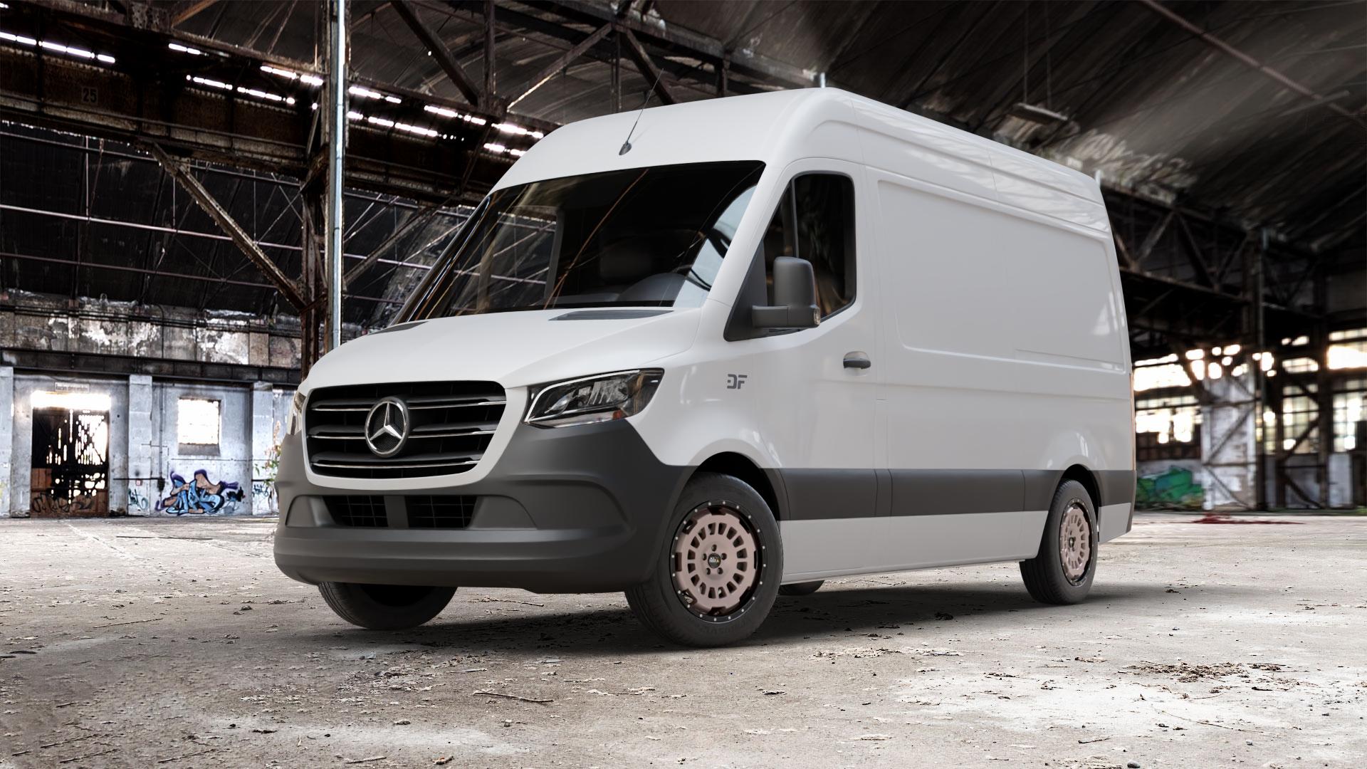 Twin Monotube Projekt FE-AT1-HD Terra Felge mit Reifen schwarz matt in 18Zoll Winterfelge Alufelge auf weissem Mercedes Sprinter III Typ KL3A4 KL3A5 906BB FL KL 906BA 906AC ⬇️ mit 15mm Tieferlegung ⬇️ Old Industrial Hall_max_7000mm_2024 Frontansicht_1