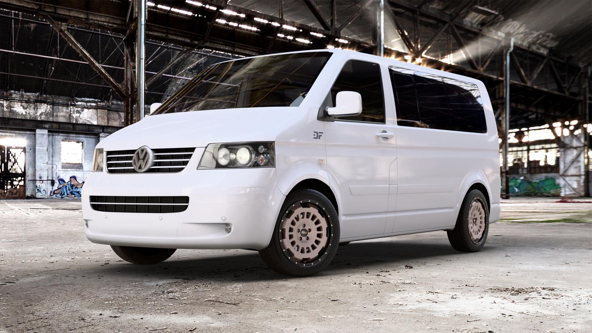 Twin Monotube Projekt FE-AT1-HD Terra Felge mit Reifen schwarz matt in 18Zoll Winterfelge Alufelge auf weissem Volkswagen (VW) T5 Business Caravelle Kombi Multivan ⬇️ mit 15mm Tieferlegung ⬇️ Old Industrial Hall_max_5300mm_2024 Frontansicht_1