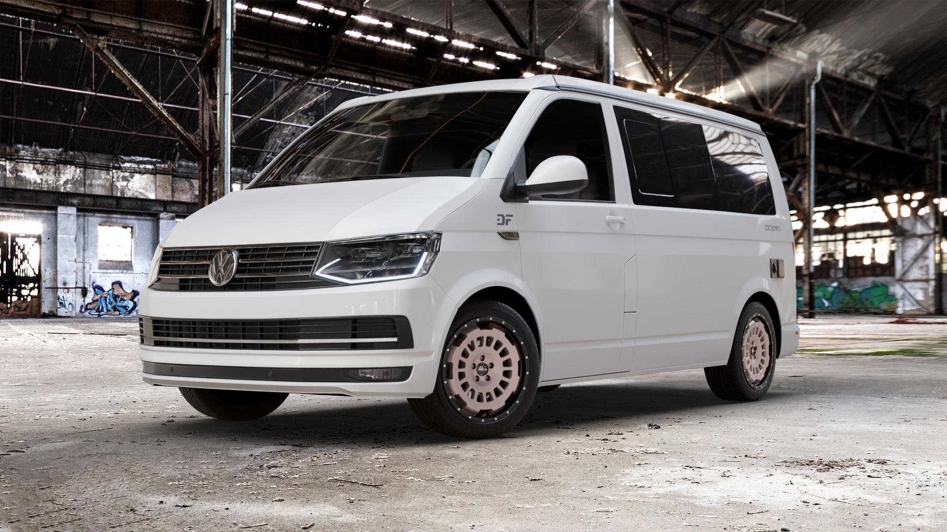 Twin Monotube Projekt FE-AT1-HD Terra Felge mit Reifen schwarz matt in 18Zoll Winterfelge Alufelge auf weissem Volkswagen (VW) T6 California Beach ⬇️ mit 15mm Tieferlegung ⬇️ Old Industrial Hall_max_5300mm_2024 Frontansicht_1