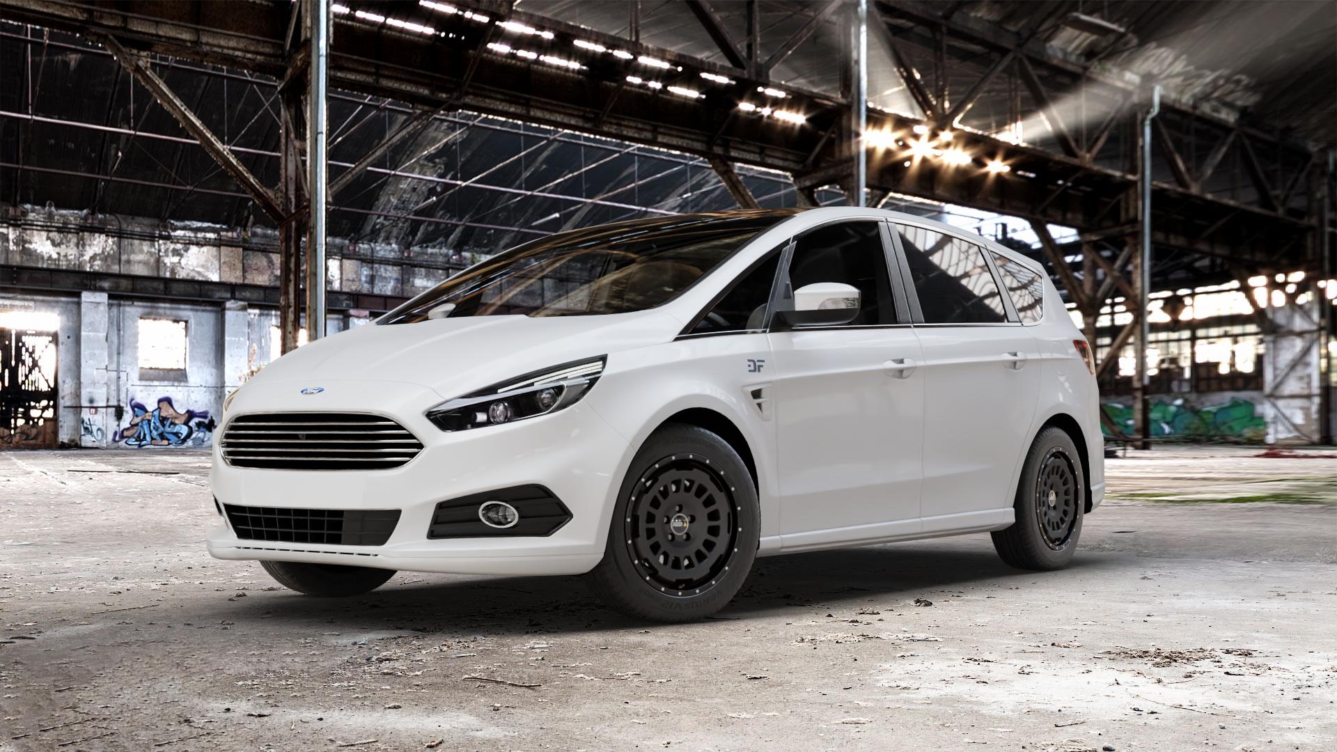 Twin Monotube Projekt FE-AT1 Seidenmatt schwarz Felge mit Reifen schwarz matt in 17Zoll Winterfelge Alufelge auf weissem Ford S-Max Typ WA6 Facelift (15->) ⬇️ mit 15mm Tieferlegung ⬇️ Old Industrial Hall_max_5300mm_2024 Frontansicht_1