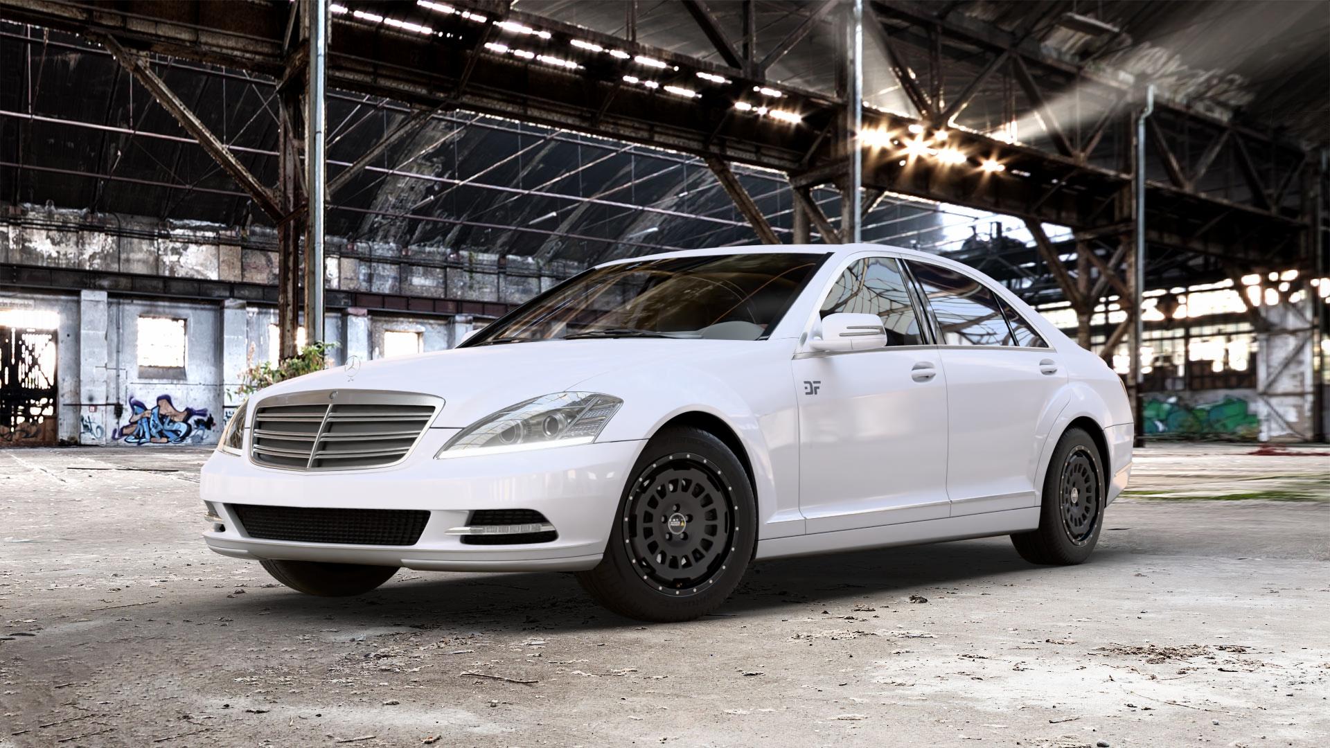 Twin Monotube Projekt FE-AT1 Seidenmatt schwarz Felge mit Reifen schwarz matt in 17Zoll Winterfelge Alufelge auf weissem Mercedes S-Klasse Typ W221 3,5l S 350 200kW (272 PS) 5,5l 500 285kW (387 4,7l 450 250kW (340 3,0l 320 CDI 173kW (235 4,0l 420 235kW (320 6,2l 63 AMG 386kW (525 4 ⬇️ mit 15mm Tieferlegung ⬇️ Old Industrial Hall_max_5300mm_2024 Frontansicht_1