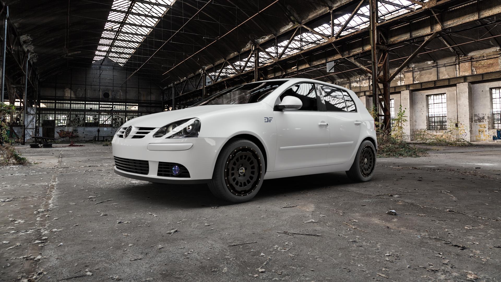 Twin Monotube Projekt FE-AT1 Seidenmatt schwarz Felge mit Reifen schwarz matt in 17Zoll Winterfelge Alufelge auf weissem Volkswagen (VW) Golf 5 Plus ⬇️ mit 15mm Tieferlegung ⬇️ Old Industrial Hall_max5000mm_2022 Frontansicht_1