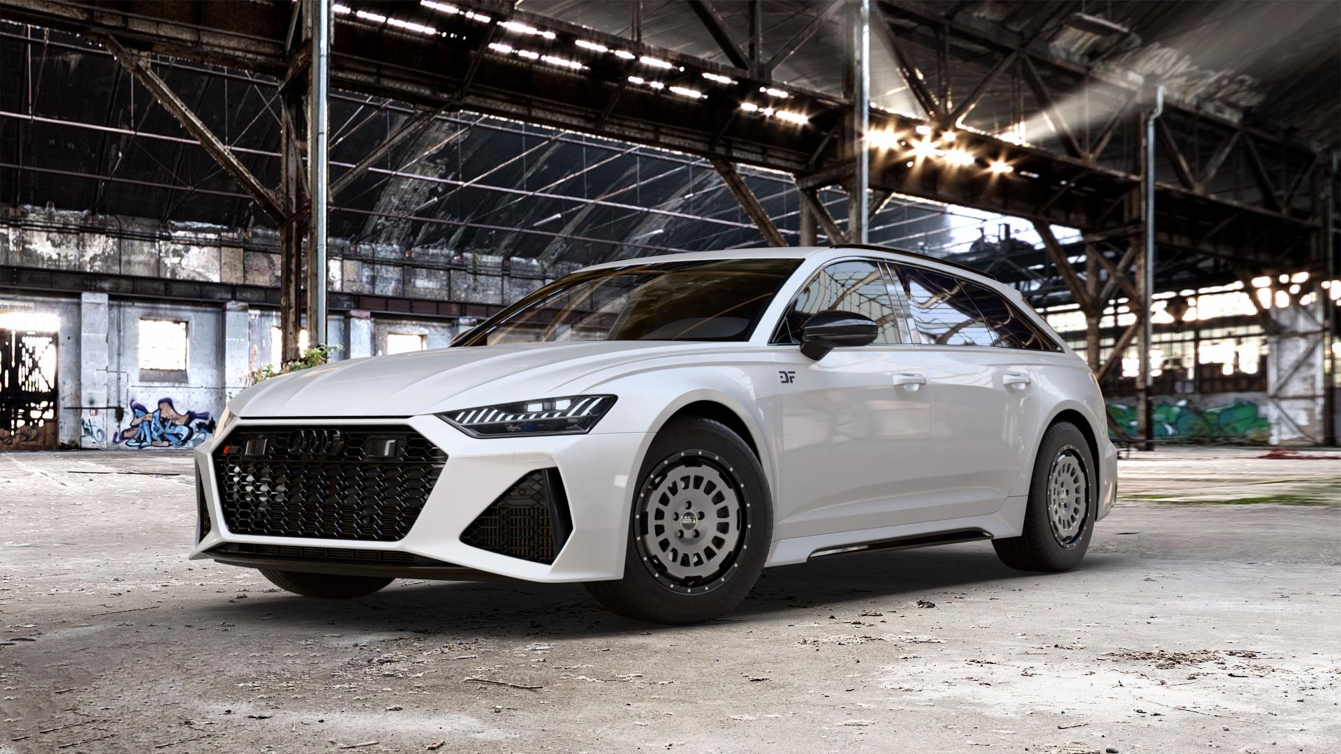 Twin Monotube Projekt FE-AT1 Stone Felge mit Reifen grau schwarz in 17Zoll Winterfelge Alufelge auf weissem Audi A6 Typ F2/C8 (Avant) 4,0l RS6 TFSI quattro 441kW (600 PS) Mild-Hybrid Performance 463kW (630 ⬇️ mit 15mm Tieferlegung ⬇️ Old Industrial Hall_max_5300mm_2024 Frontansicht_1