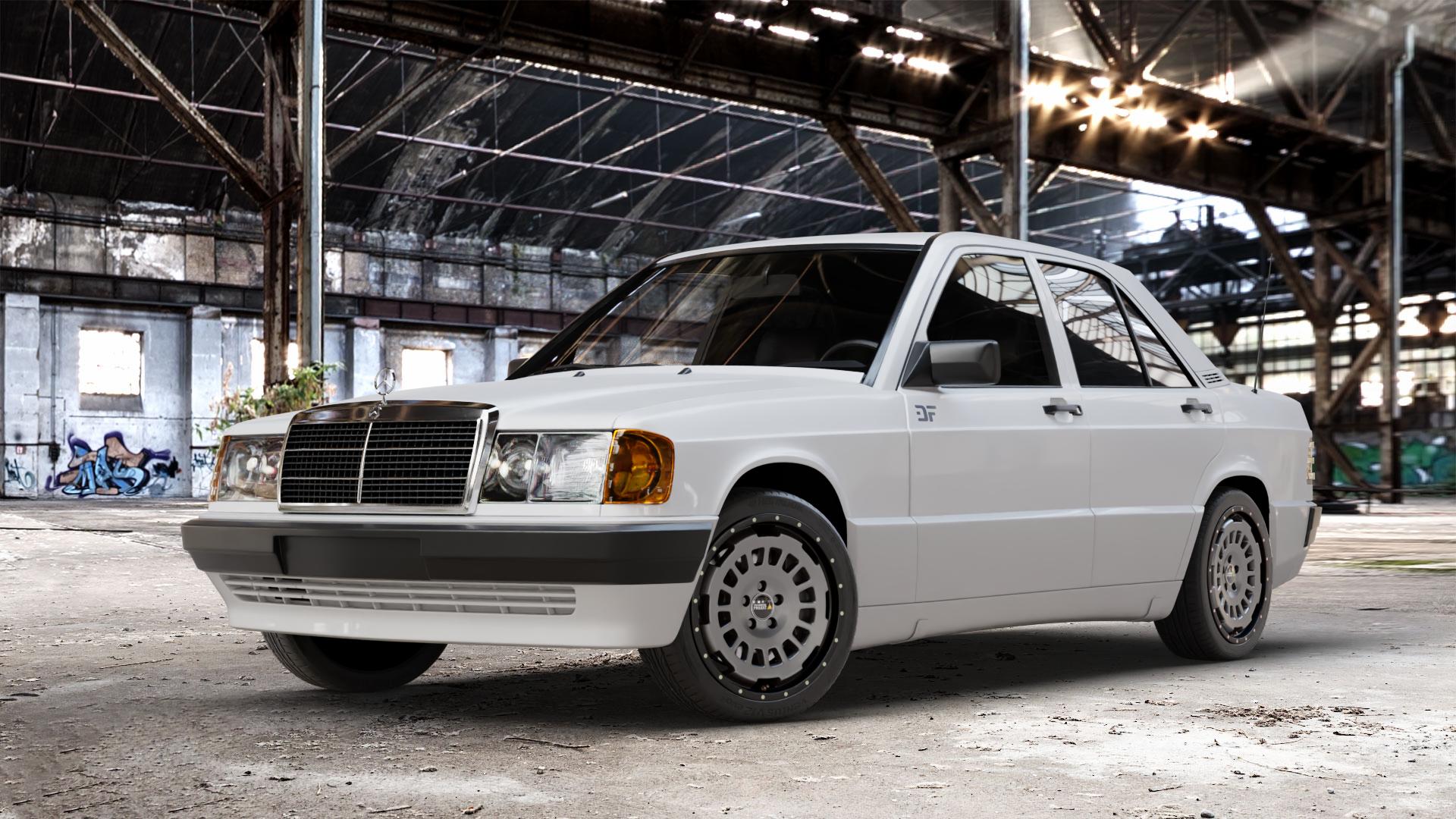 Twin Monotube Projekt FE-AT1 Stone Felge mit Reifen grau schwarz in 17Zoll Winterfelge Alufelge auf weissem Mercedes 190 Typ W201 190er ⬇️ mit 15mm Tieferlegung ⬇️ Old Industrial Hall_max_4400mm_2024 Frontansicht_1