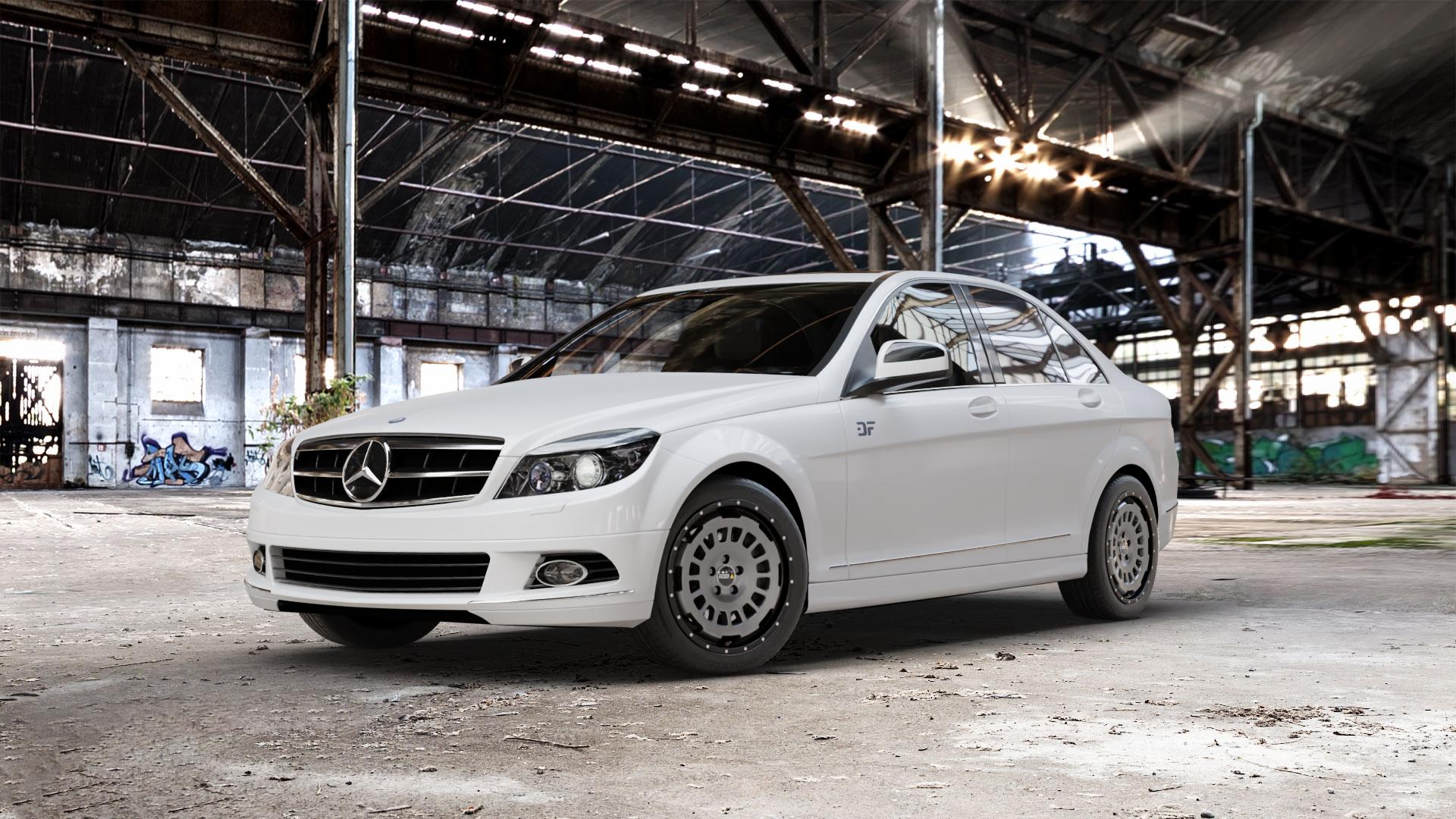 Twin Monotube Projekt FE-AT1 Stone Felge mit Reifen grau schwarz in 17Zoll Winterfelge Alufelge auf weissem Mercedes C-Klasse Typ W204 Limousine ⬇️ mit 15mm Tieferlegung ⬇️ Old Industrial Hall_max_5300mm_2024 Frontansicht_1